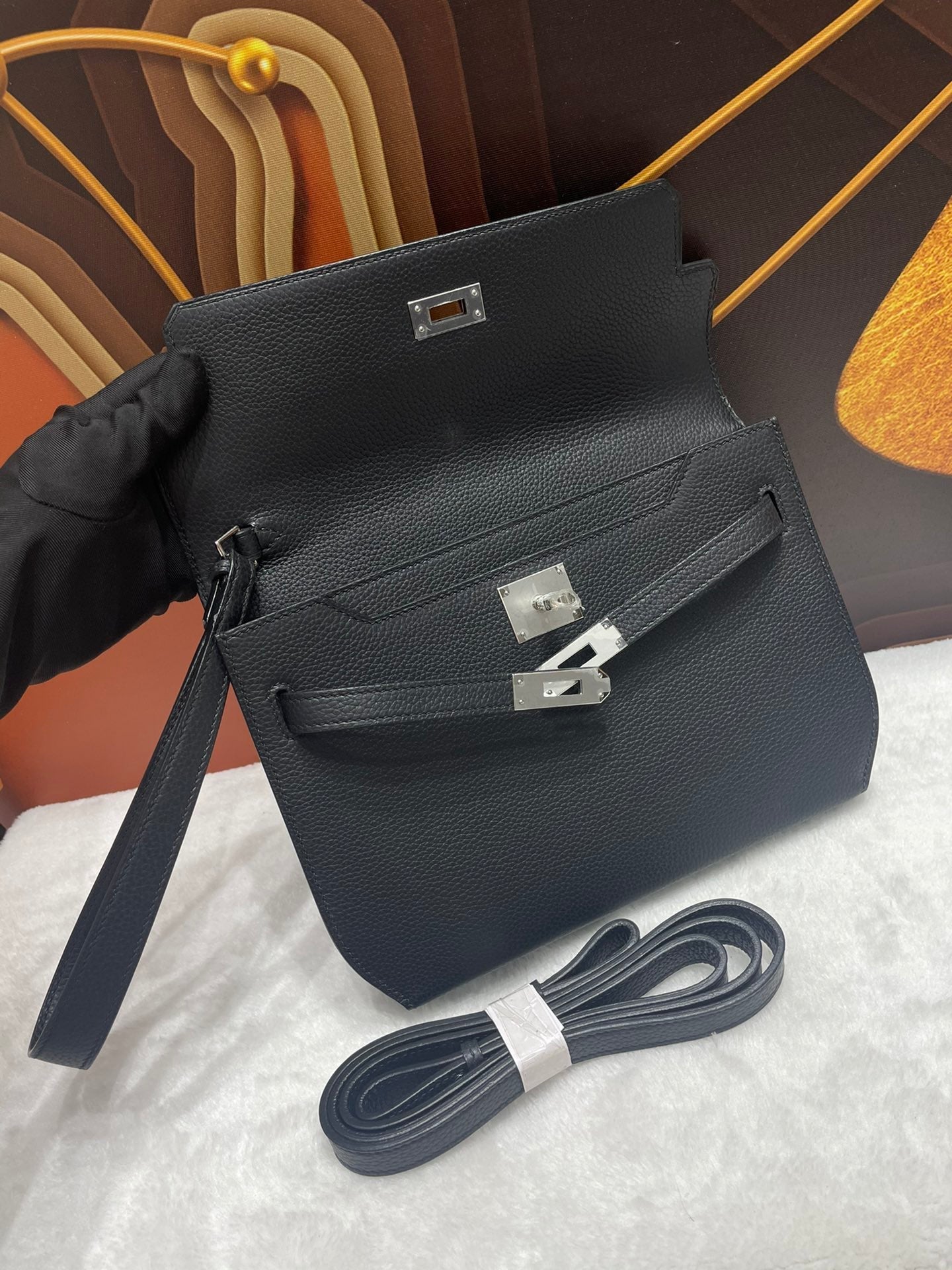Hermes 2026 KellyDepeches 25 Pouch Black Togo Calfskin with Silver Hardware