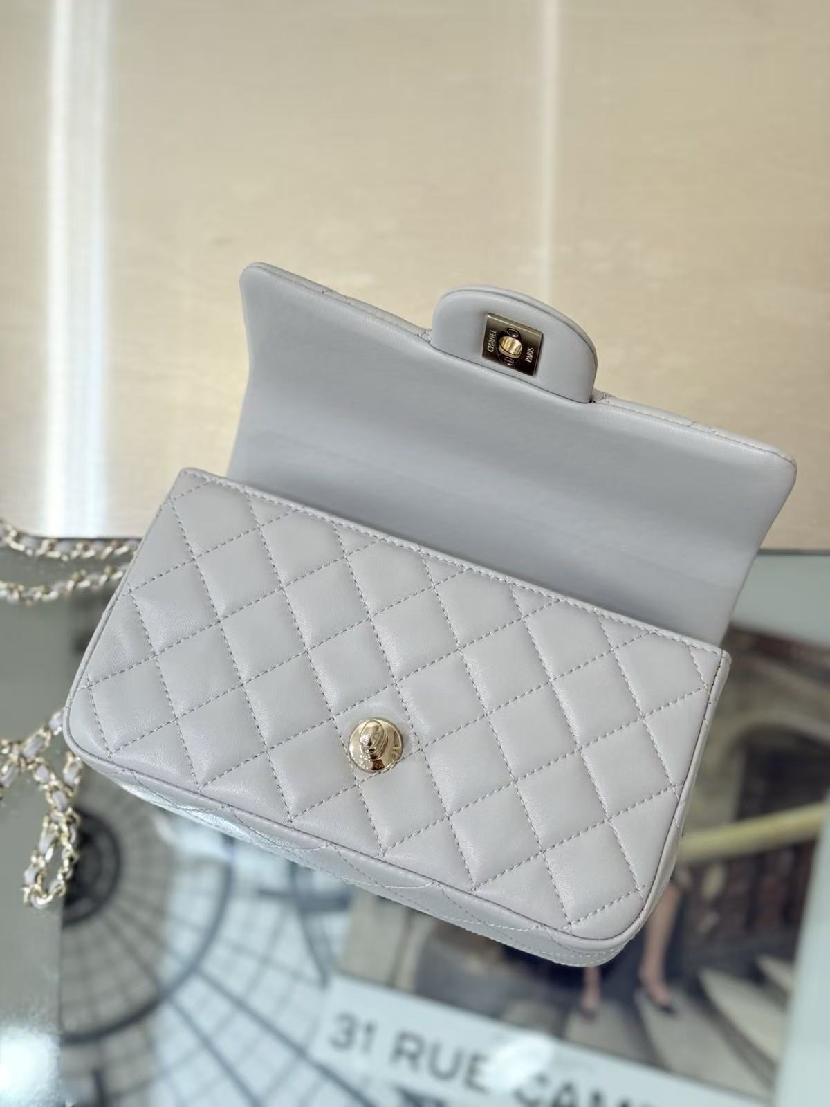 Chanel 2026 Rectangular Top Handle Flap Bag Light Grey Lambskin