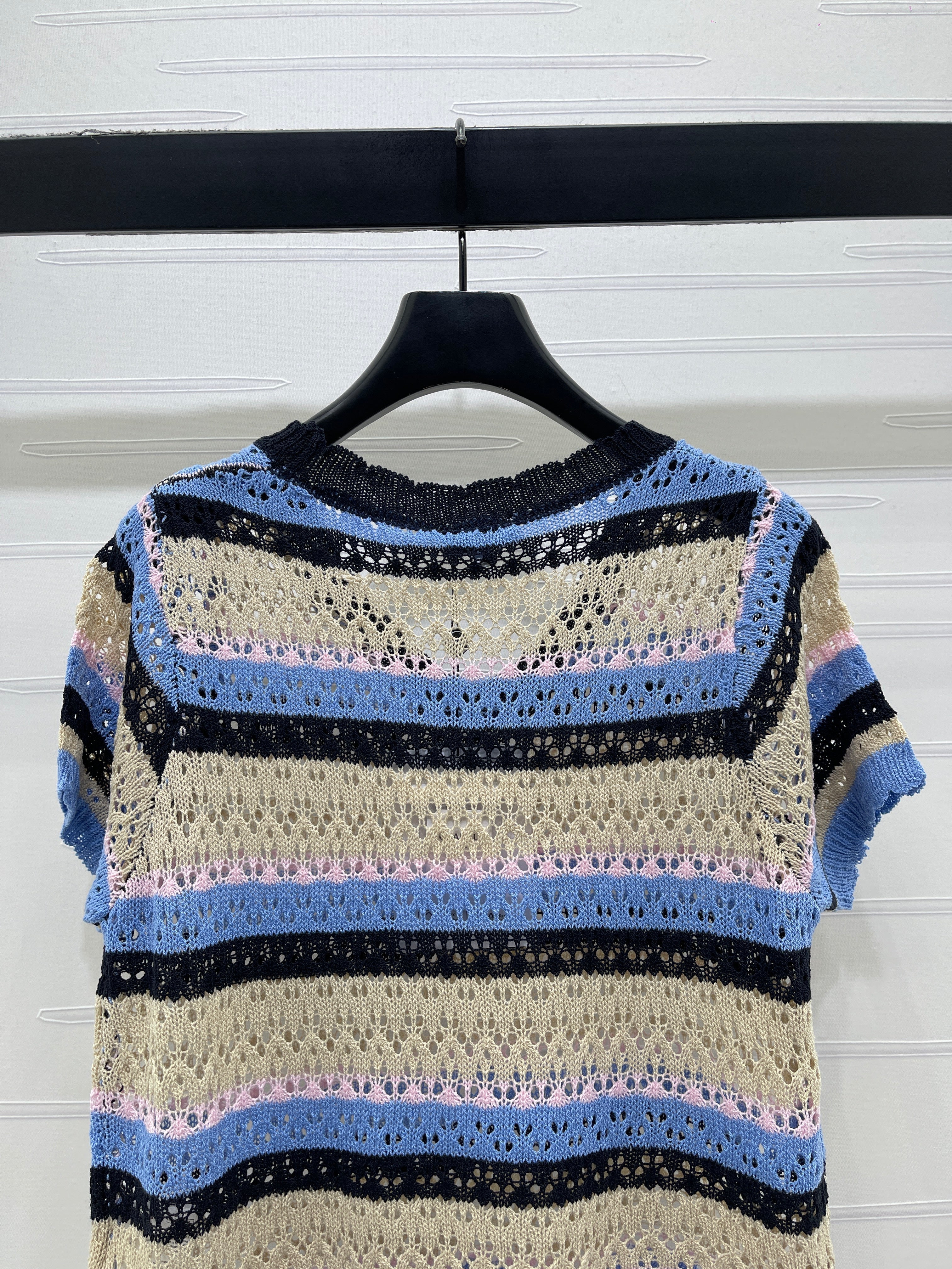 Chanel 2026 Hollow Out Knit Top Blue Beige Black Cotton