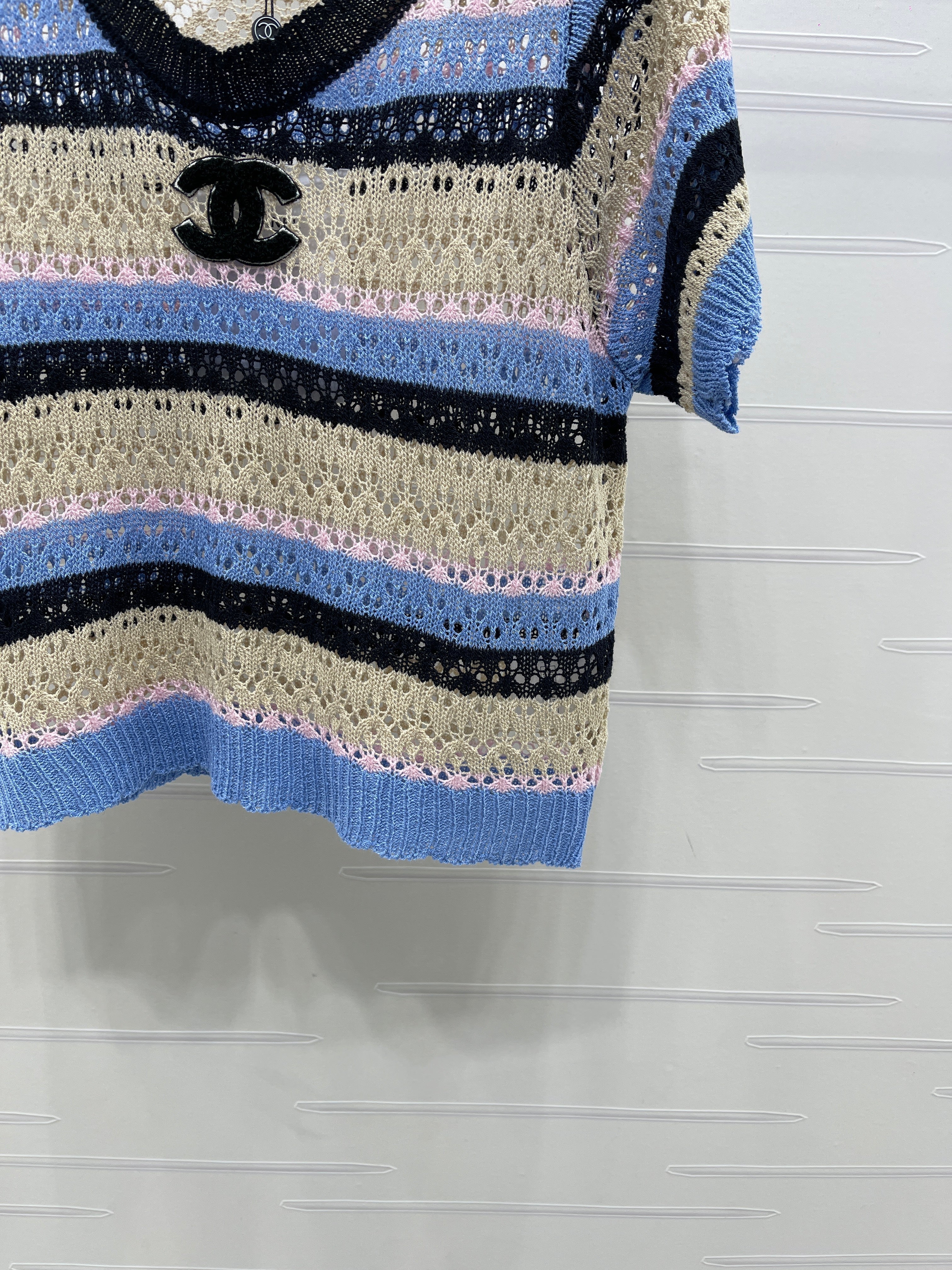 Chanel 2026 Hollow Out Knit Top Blue Beige Black Cotton