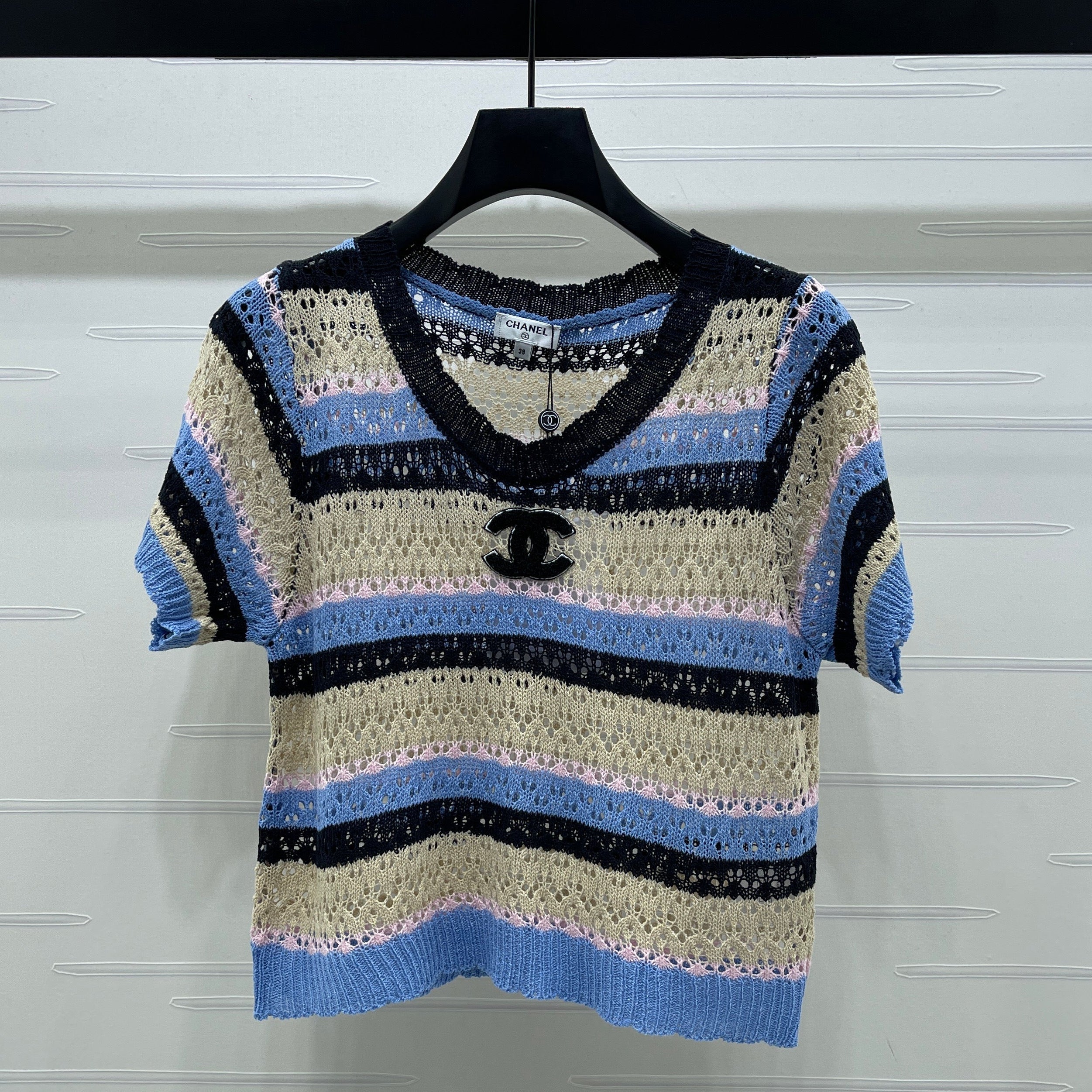 Chanel 2026 Hollow Out Knit Top Blue Beige Black Cotton