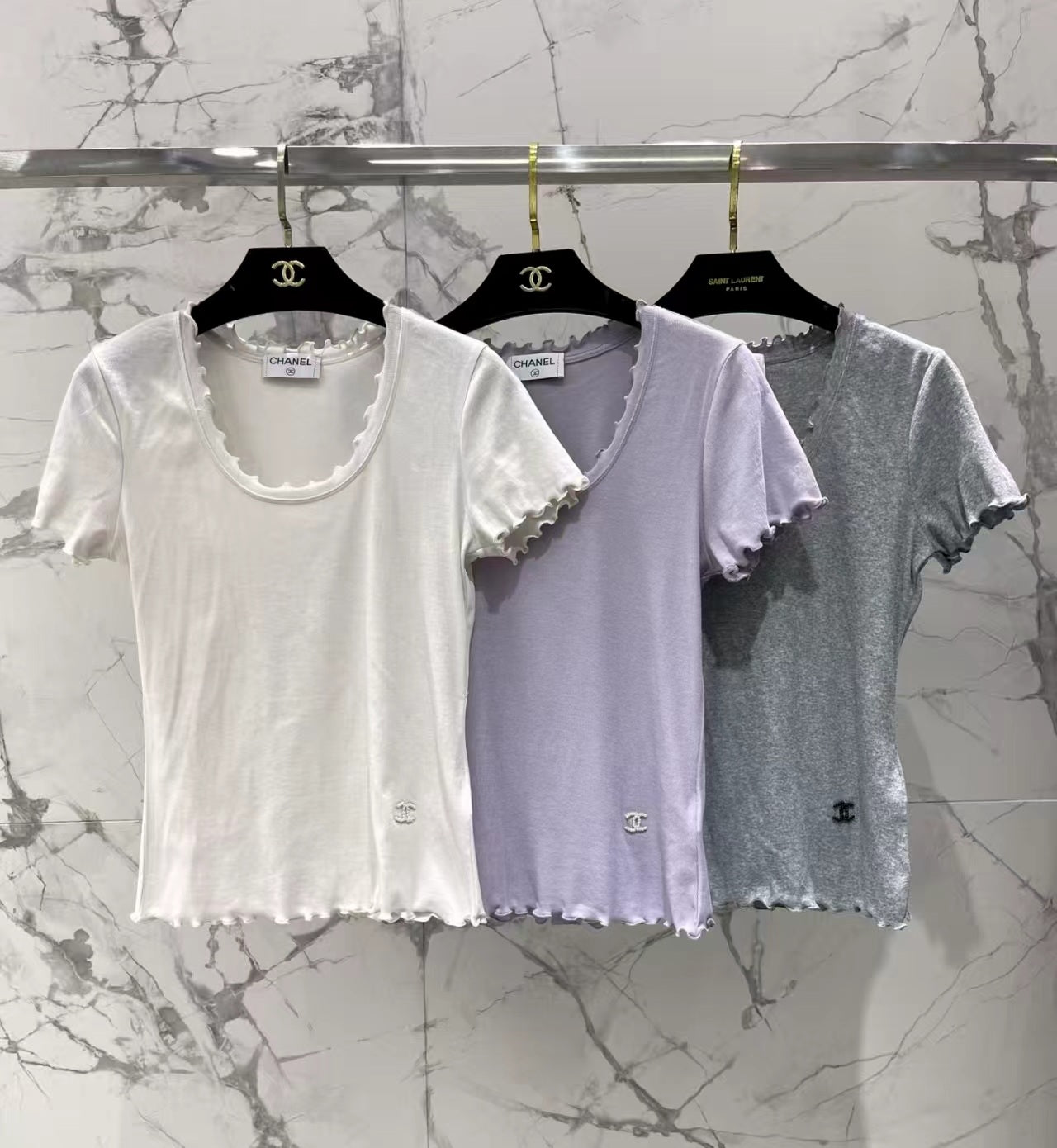 Chanel 2026 Scalloped Neckline T-shirt White Purple Gray Cotton