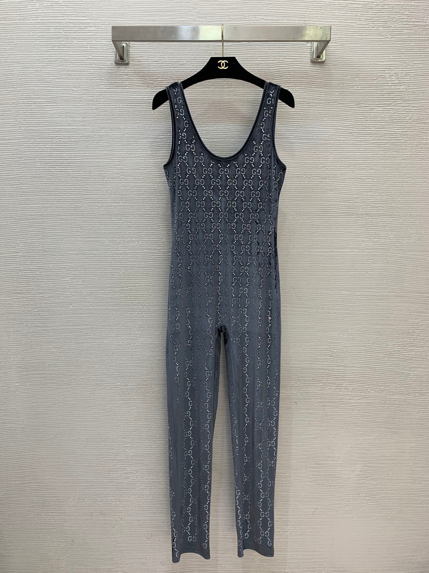 Gucci 2026 GG Crystal Embroidery Jumpsuit Blue Viscose Polyester