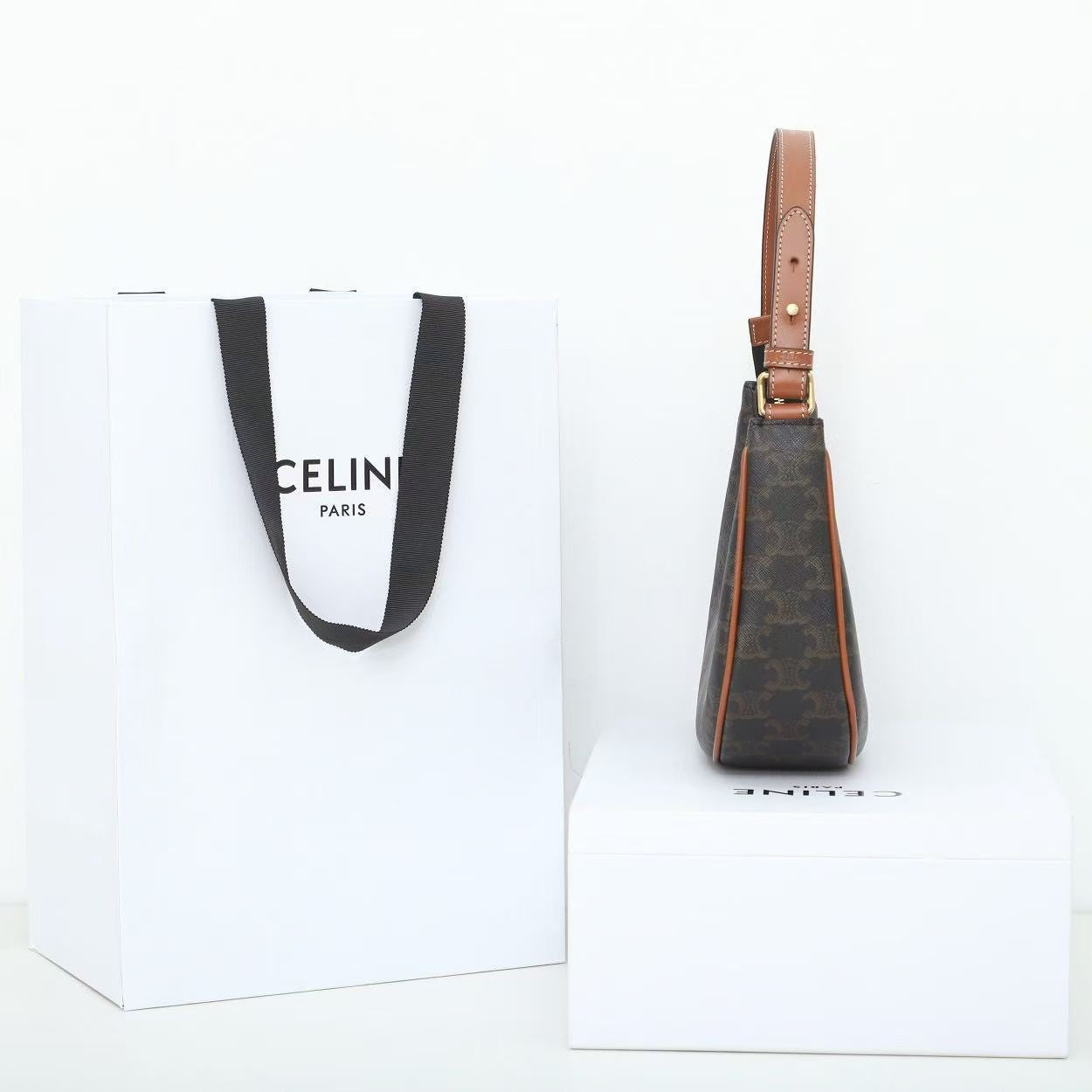 Celine 2026 Ava Shoulder Bag 23cm Black Tan Triomphe Canvas Calfskin