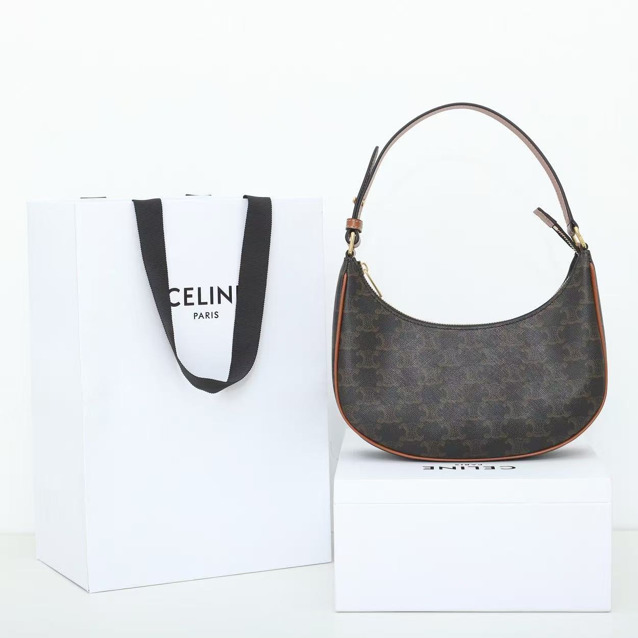 Celine 2026 Ava Shoulder Bag 23cm Black Tan Triomphe Canvas Calfskin
