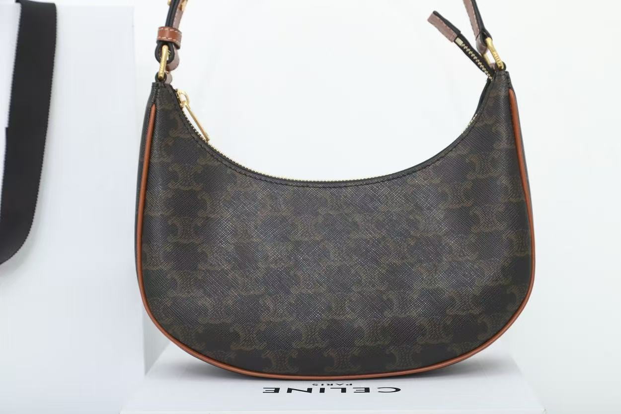 Celine 2026 Ava Shoulder Bag 23cm Black Tan Triomphe Canvas Calfskin