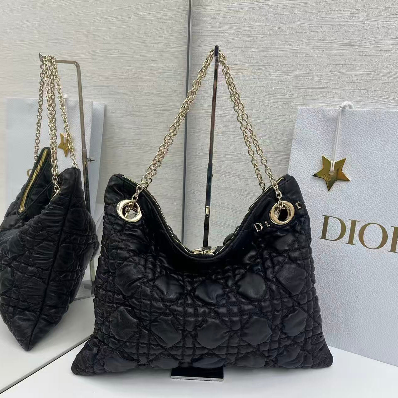 Dior 2026 Crunchy Bag 38cm Black Puffy Macrocannage Calfskin
