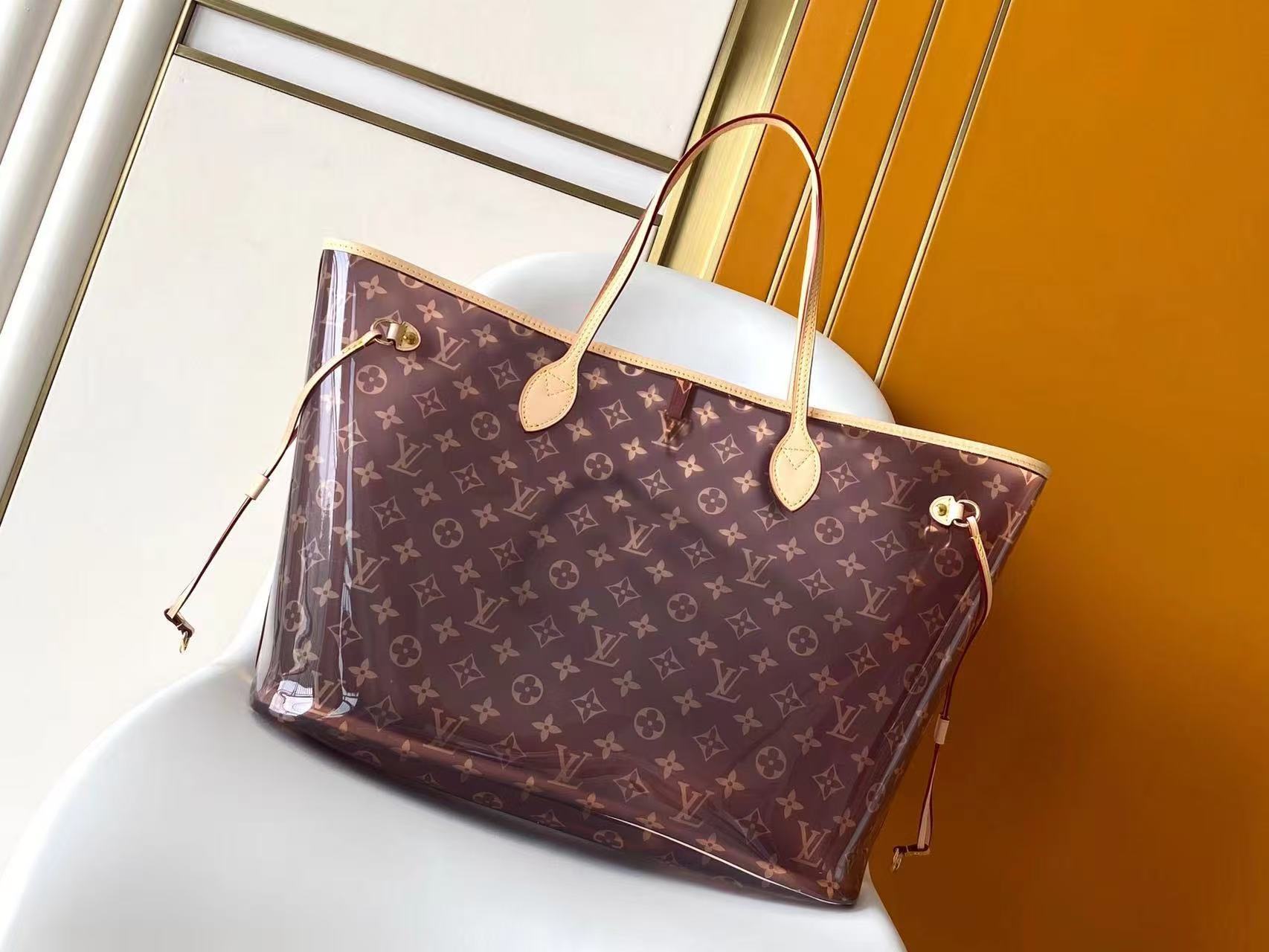 LV 2026 Neverfull MM 39cm Brown Beige Monogram Canvas Leather With Blue Letter