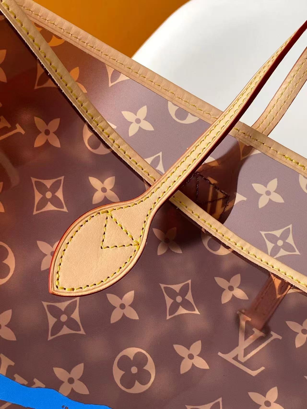 LV 2026 Neverfull MM 39cm Brown Beige Monogram Canvas Leather With Blue Letter