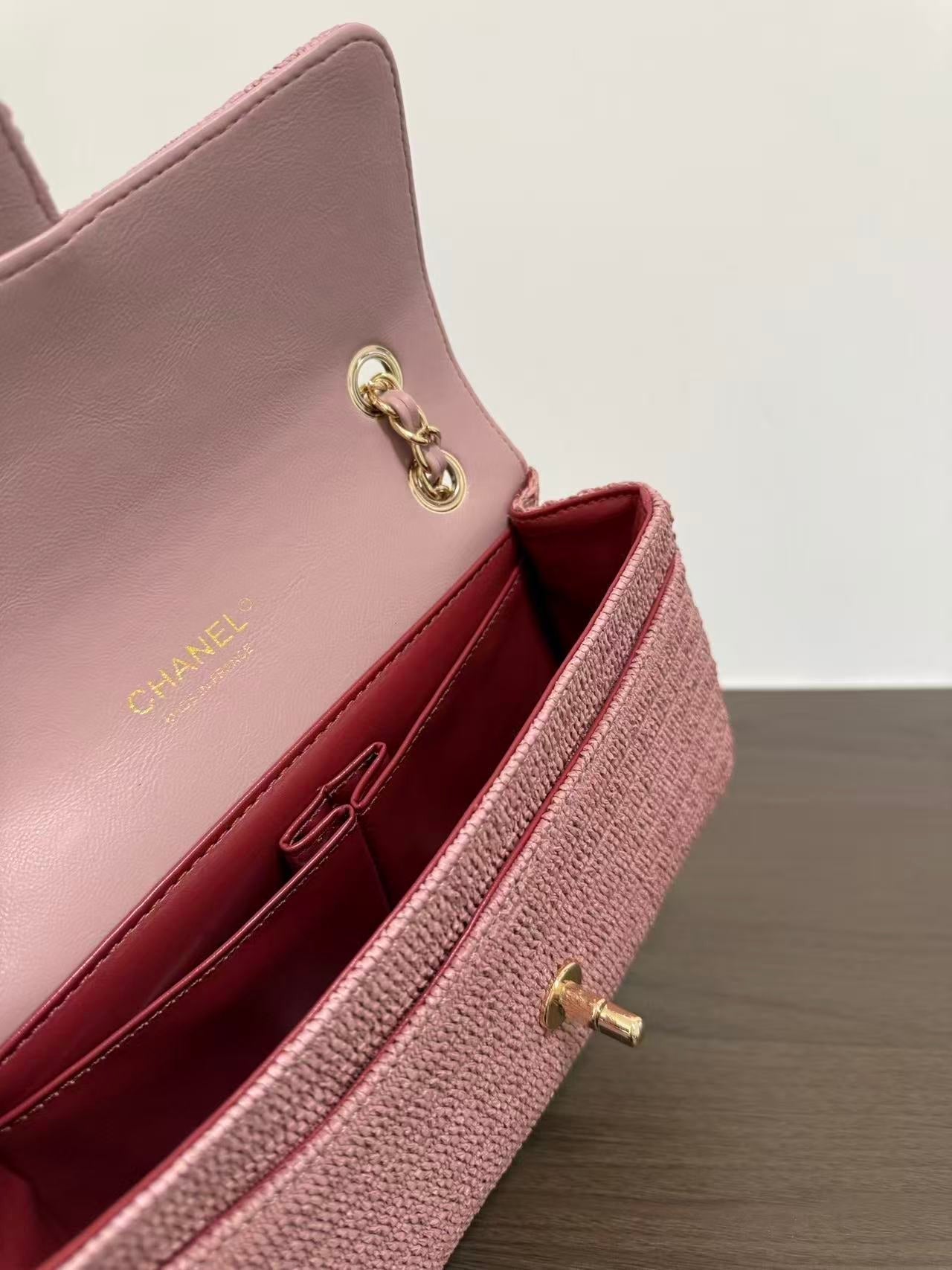 Chanel 2026 Classic Flap Bag 25cm Pink Tweed Fabric Leather