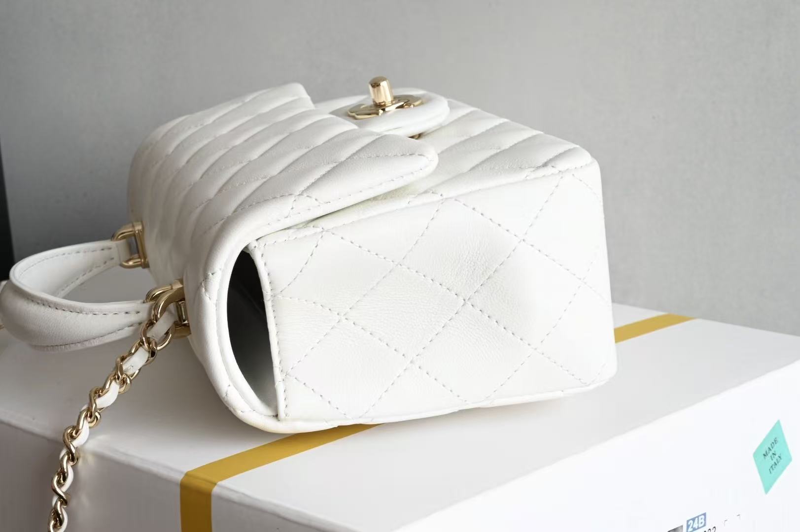 Chanel Flap With Top Handle 20cm White Lambskin