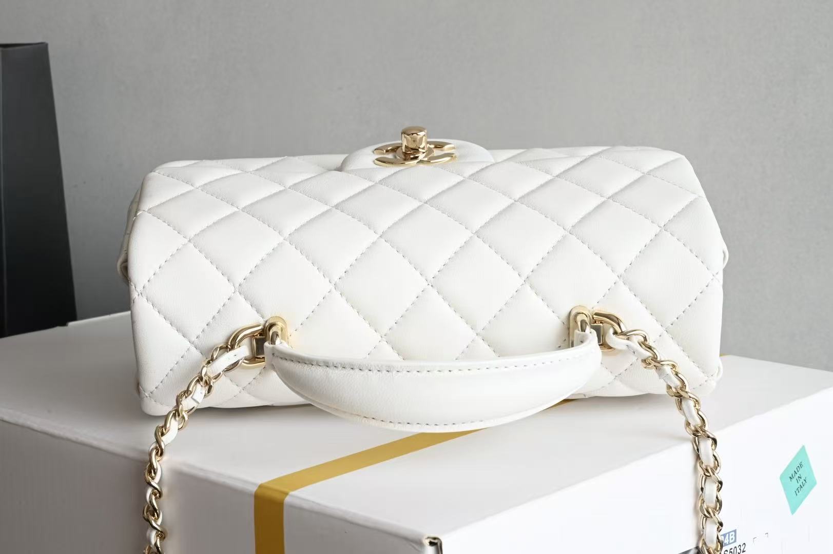 Chanel Flap With Top Handle 20cm White Lambskin