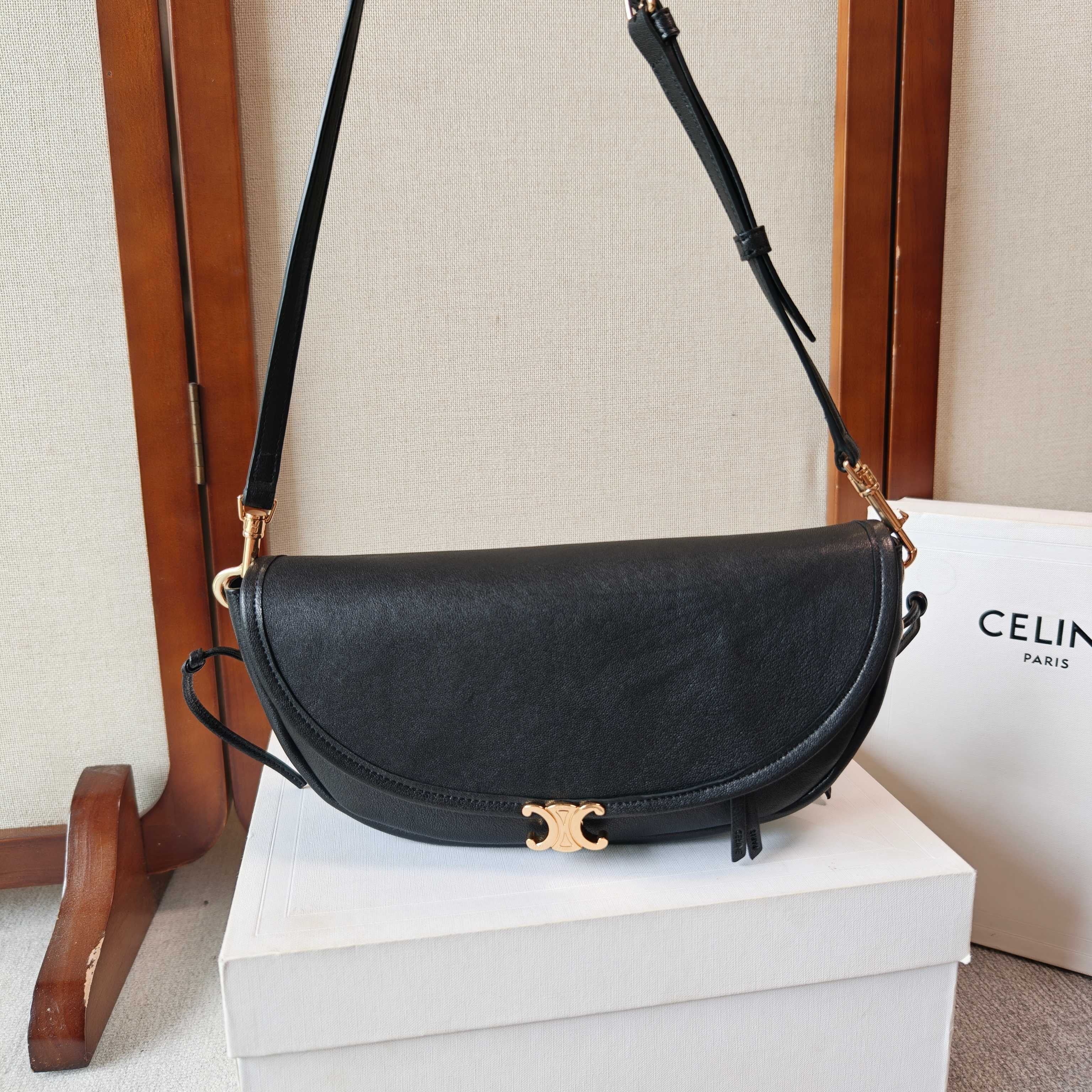 Celine Halfmoon Soft Triomphe Bag 25cm Black Shiny Lambskin