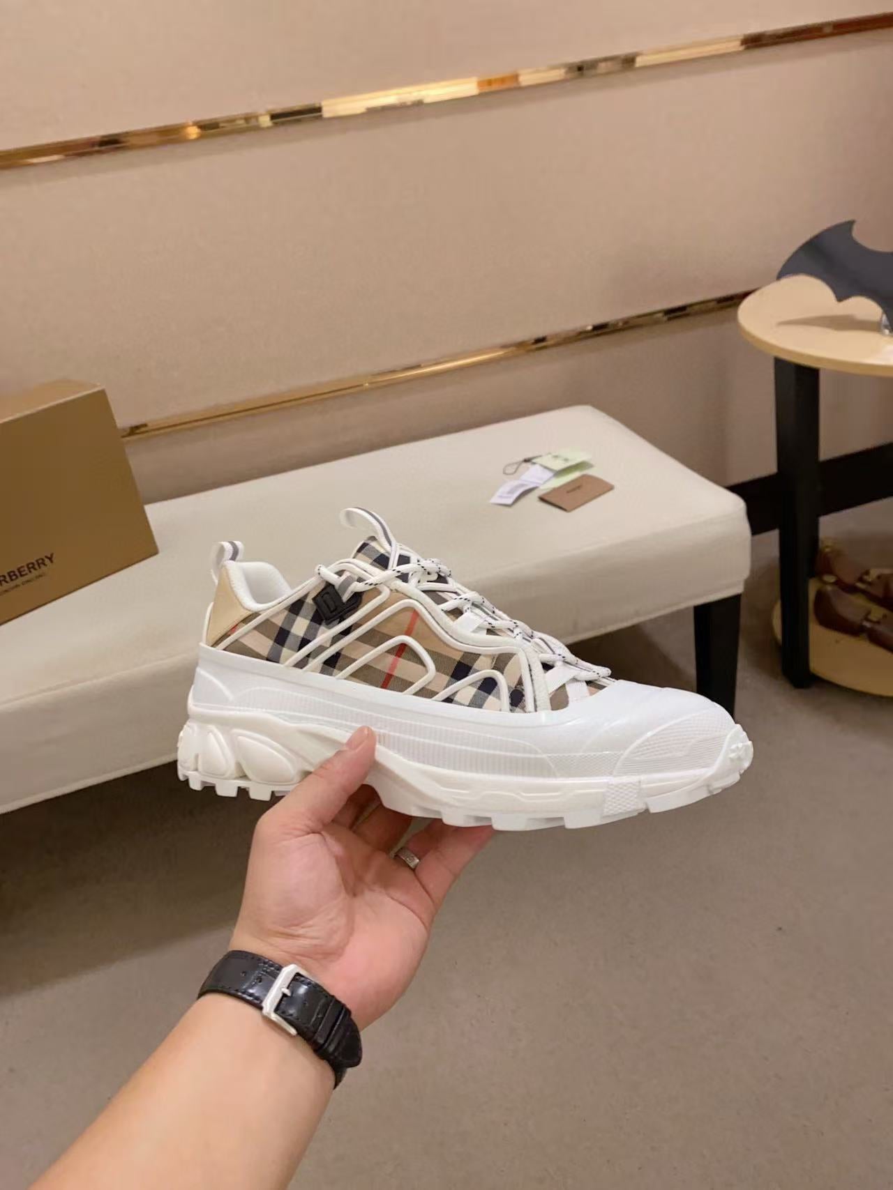Burberry Chunky Men's Sneakers in Beige and White Check Pattern