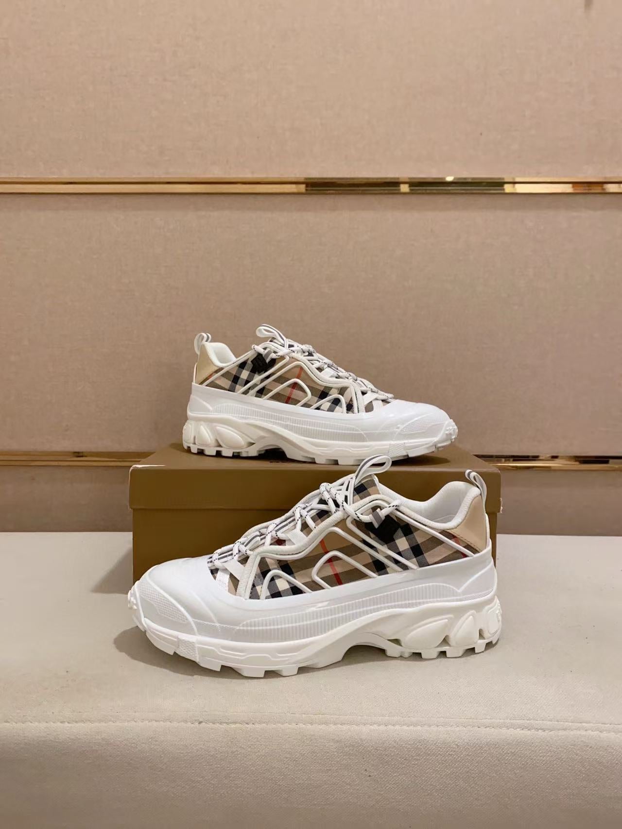 Burberry Chunky Men's Sneakers in Beige and White Check Pattern