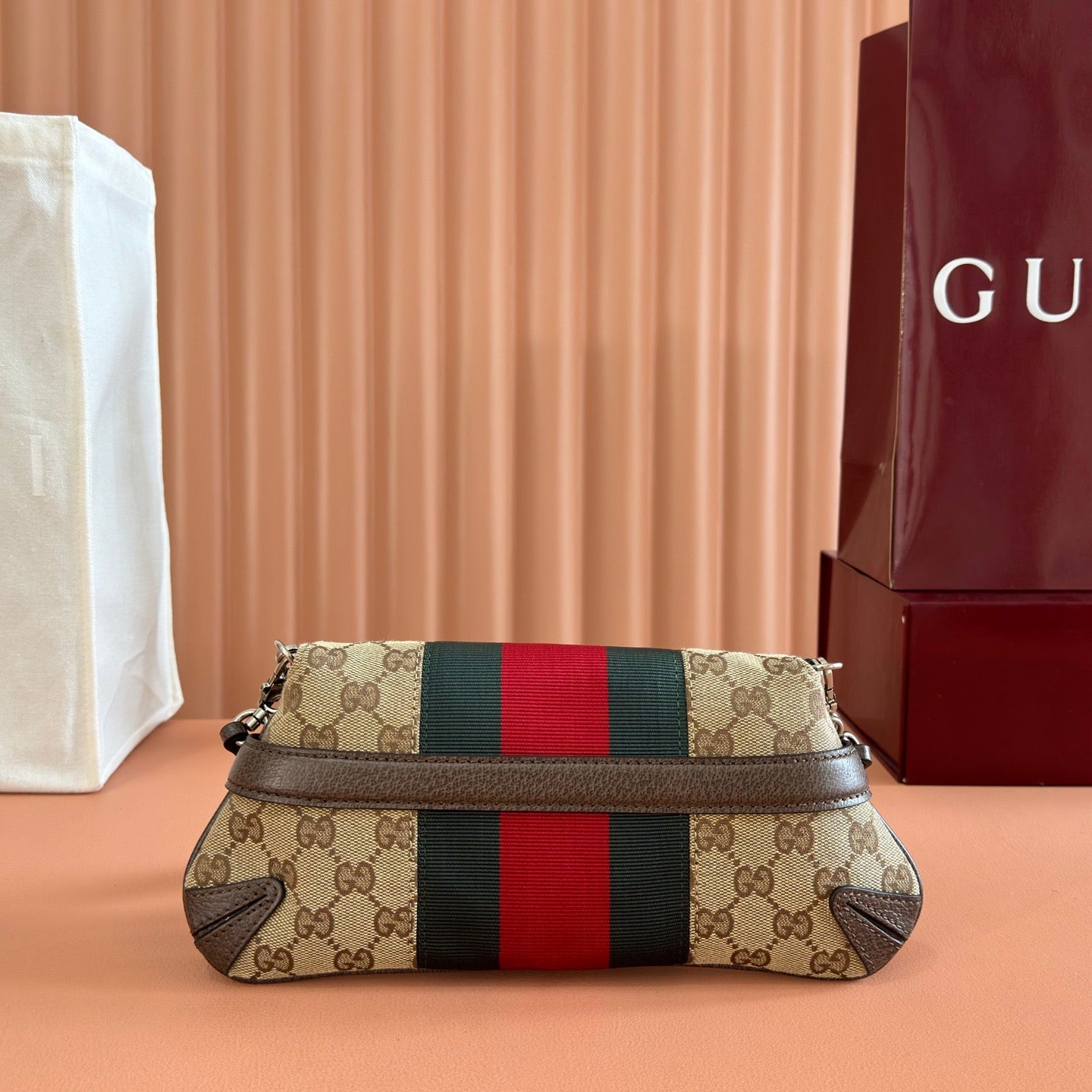 Gucci 2026 Horsebit Chain Shoulder Bag 27cm Beige Red Green Canvas Leather