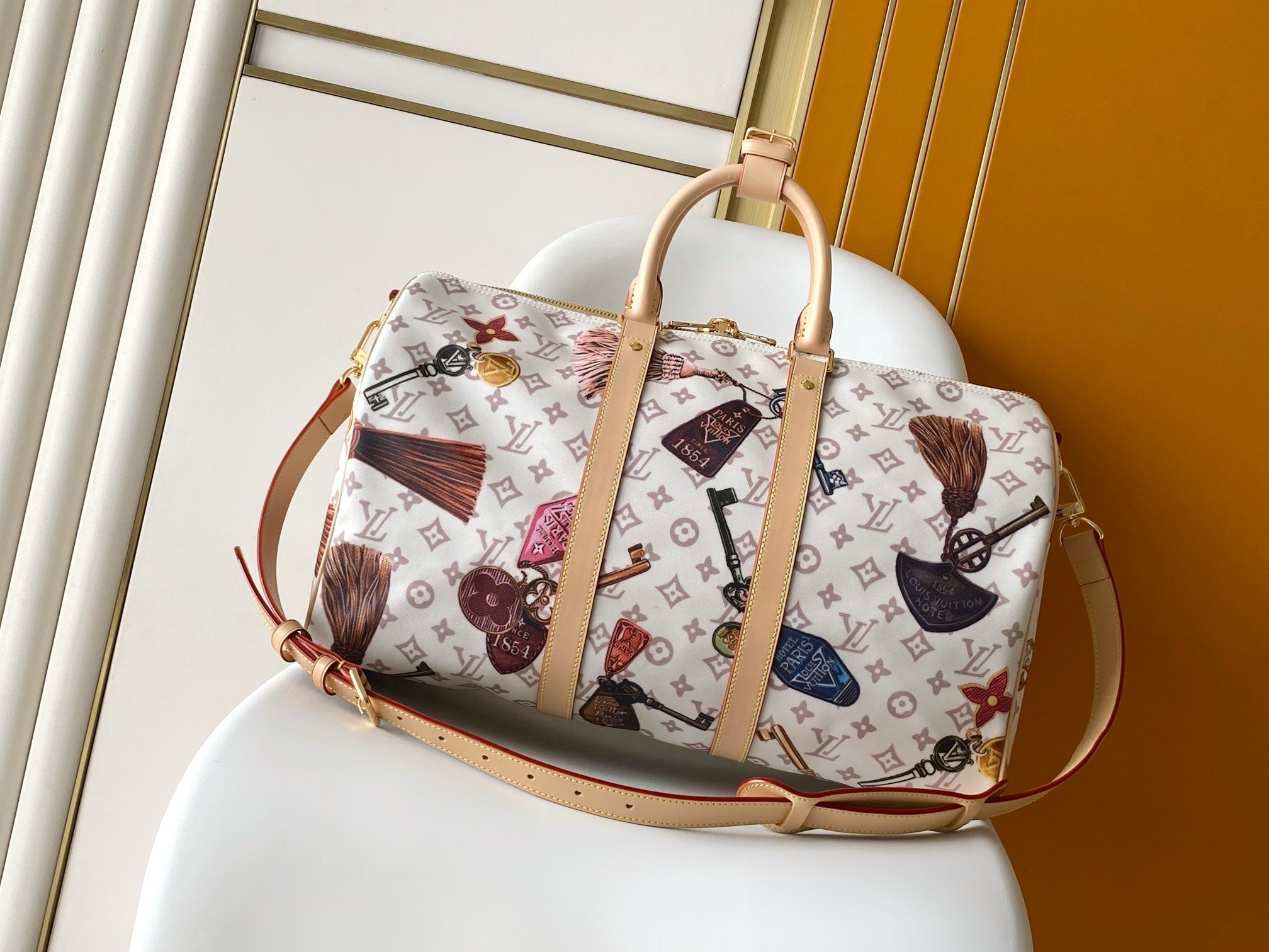 Louis Vuitton 2026 Keepall Bandoulière 45 Bag Leather White Canvas Cowhide