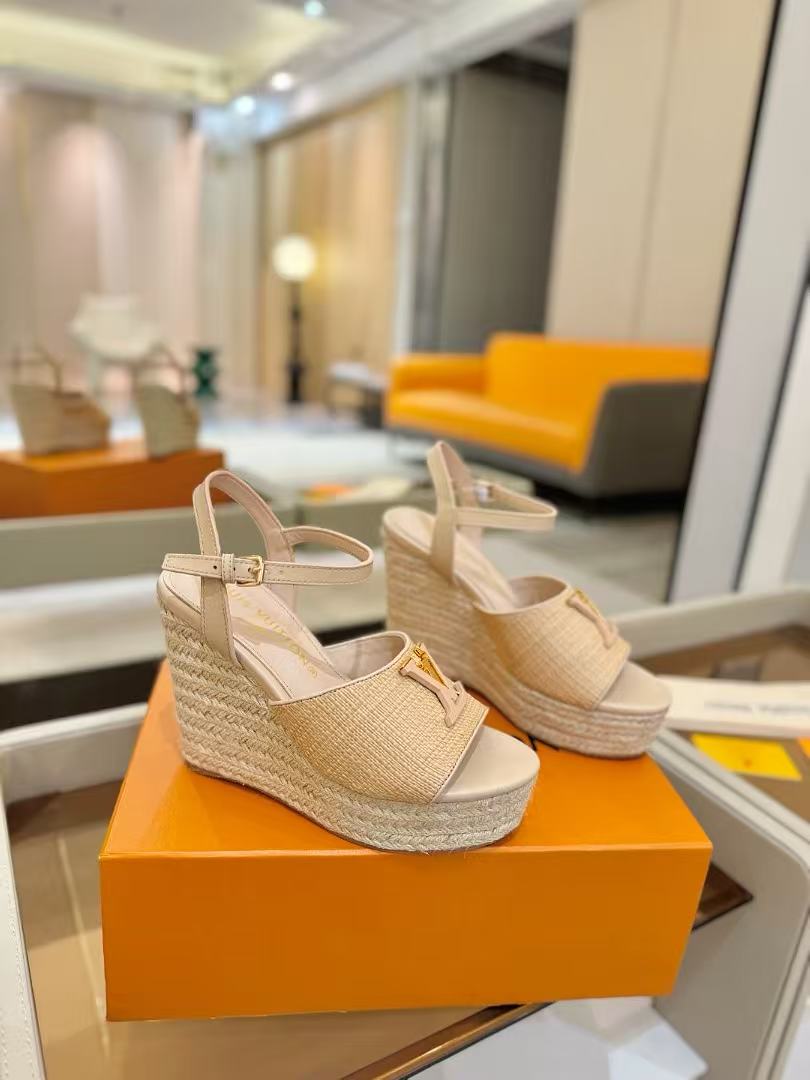 Louis Vuitton Starboard Wedge Sandals 10cm Straw Leather