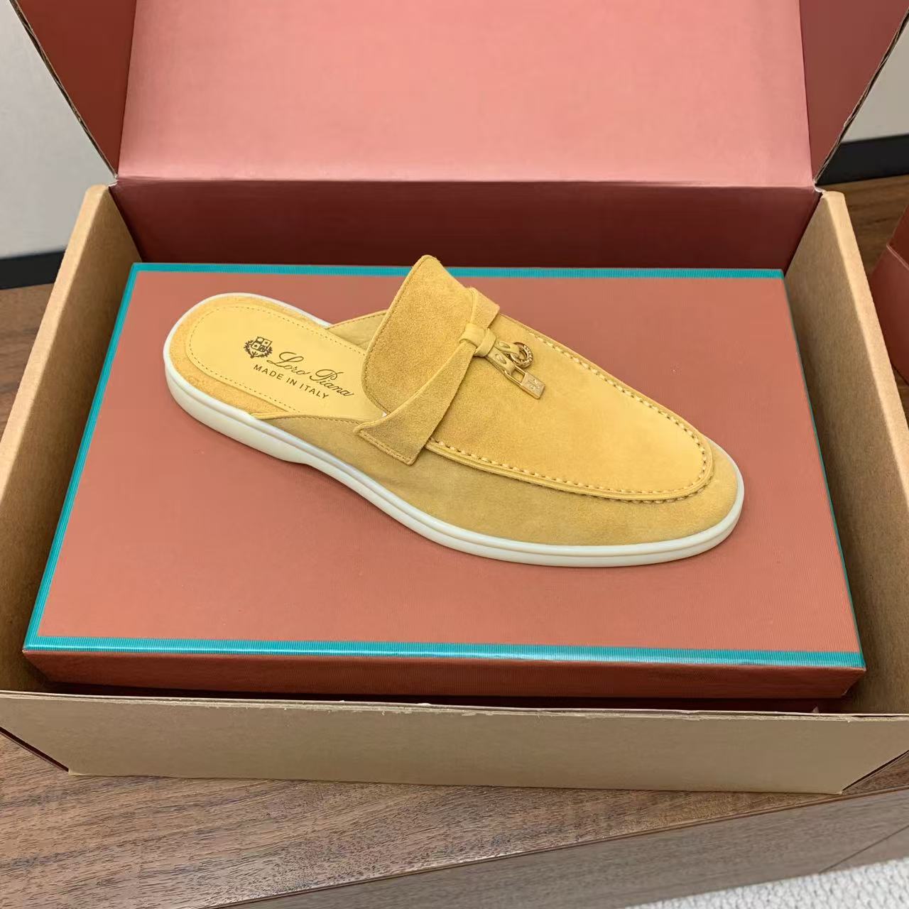 Loro Piana 2026 Summer Charms Walk Mules Yellow Suede