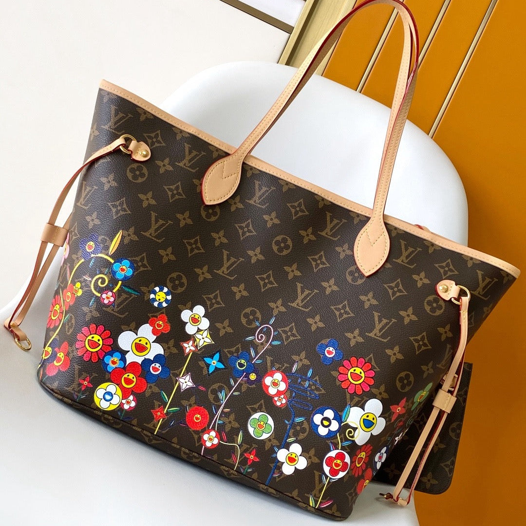 Louis Vuitton x Takashi Murakami 2026 Neverfull MM Bag 31cm Brown Leather Canvas