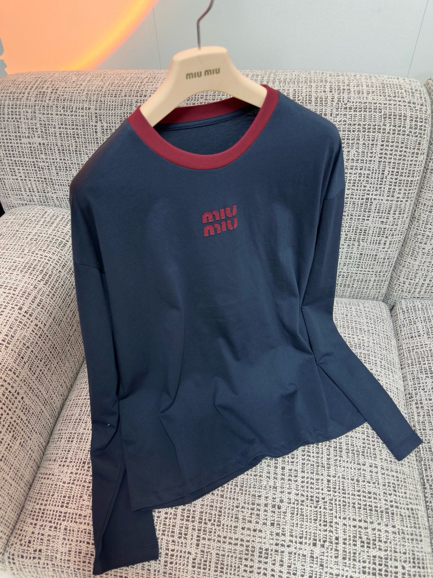 Miu Miu 2026 Long-sleeved T-shirt Navy Blue Red Cotton
