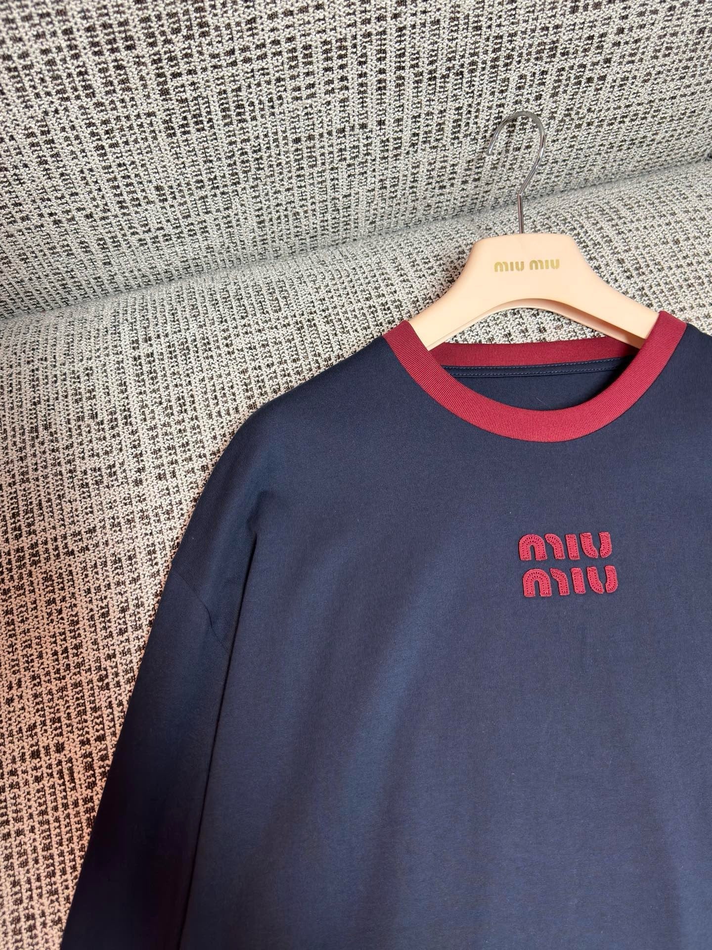 Miu Miu 2026 Long-sleeved T-shirt Navy Blue Red Cotton