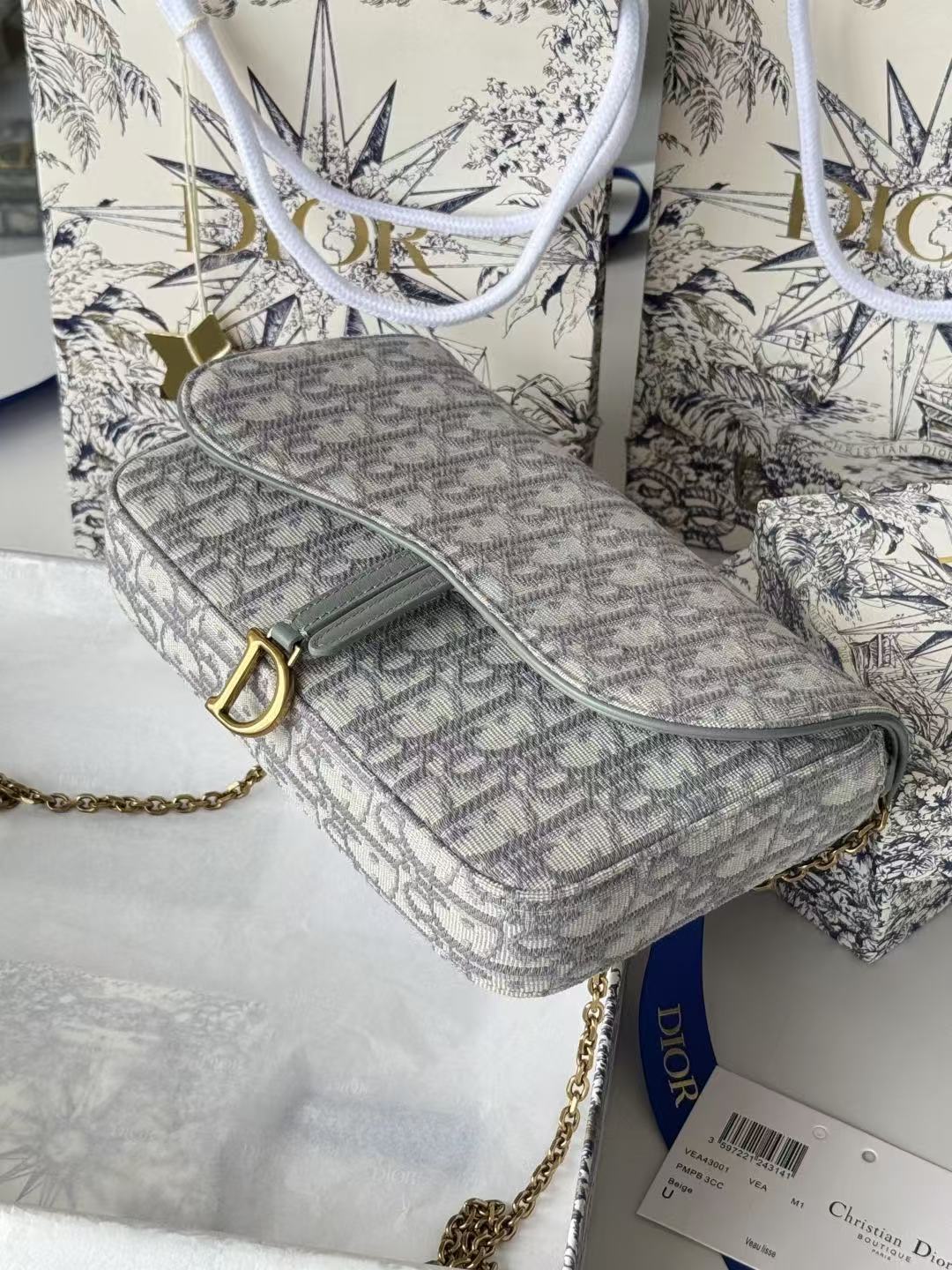 Dior 2026 Saddle Pouch 21.5cm with Chain Gray Dior Oblique Jacquard