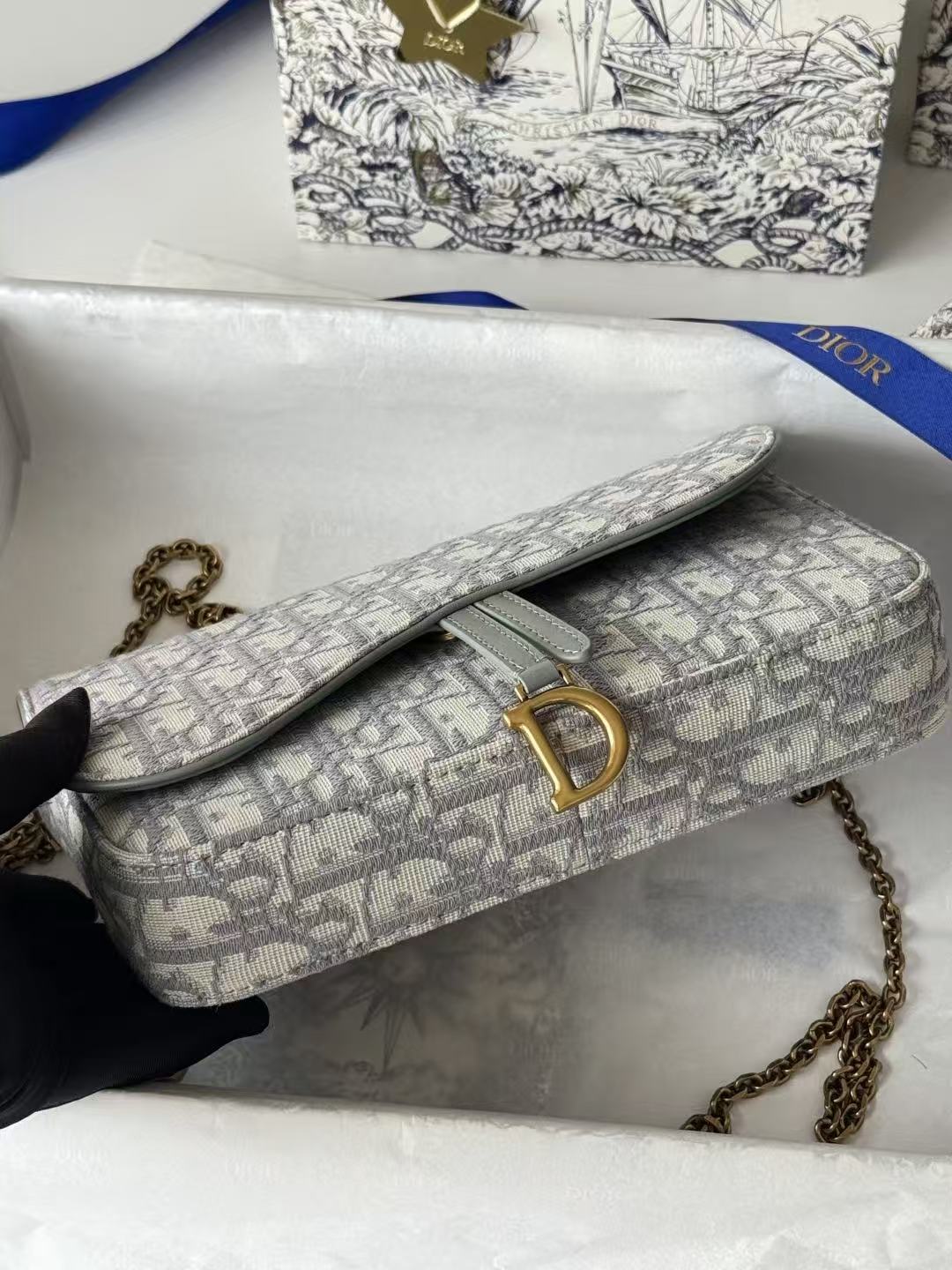 Dior 2026 Saddle Pouch 21.5cm with Chain Gray Dior Oblique Jacquard