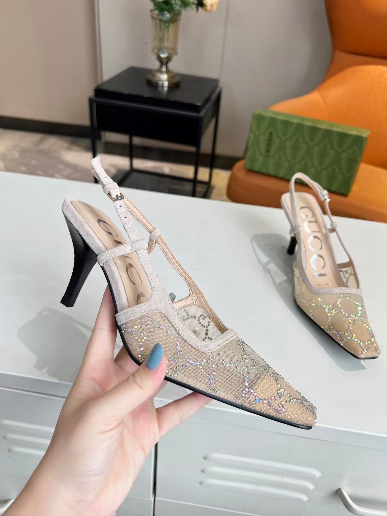 Gucci 2026 Slingback Pump 70mm Light Pink Mesh Leather