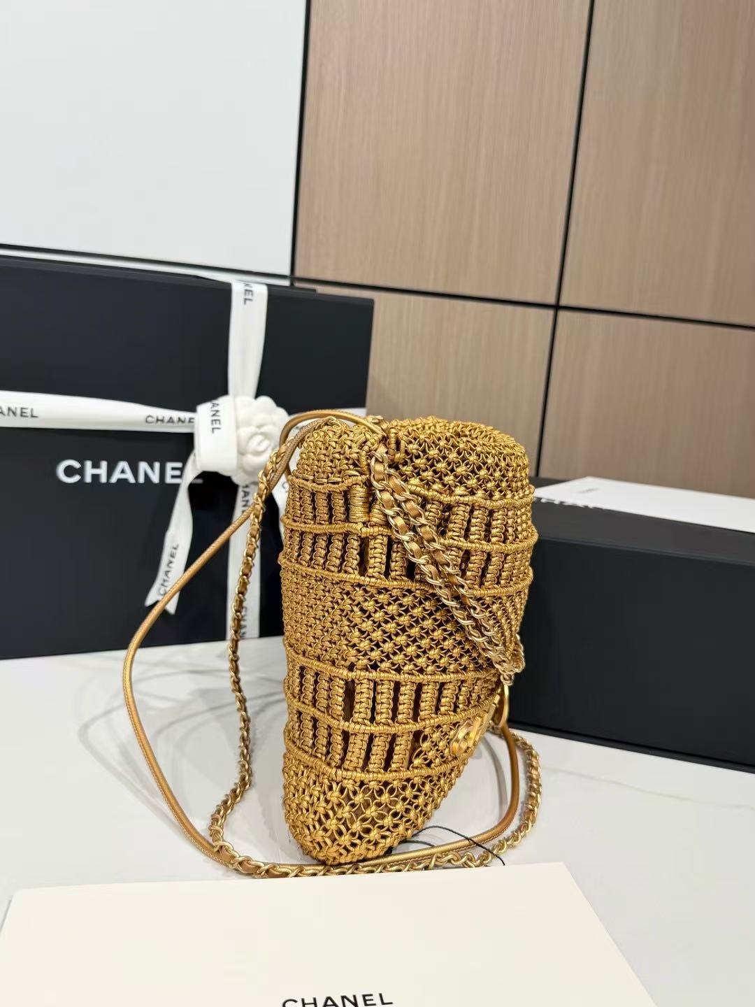 CC Mini 22 Bag 23cm Gold Woven Cowhide Bag