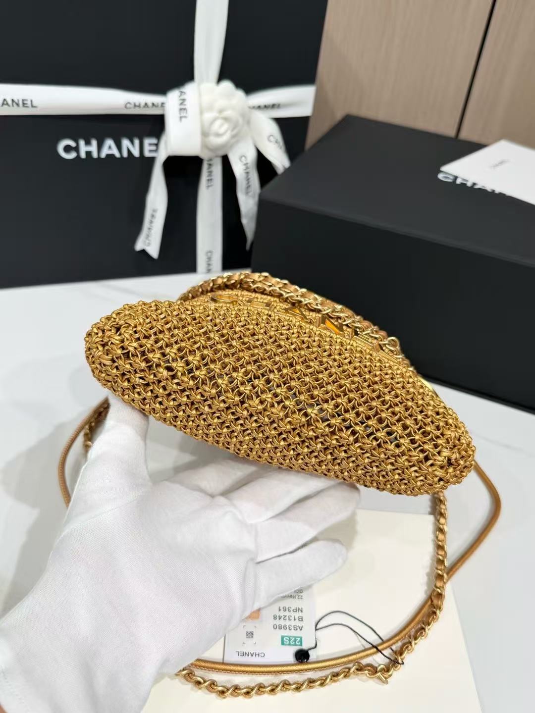 CC Mini 22 Bag 23cm Gold Woven Cowhide Bag