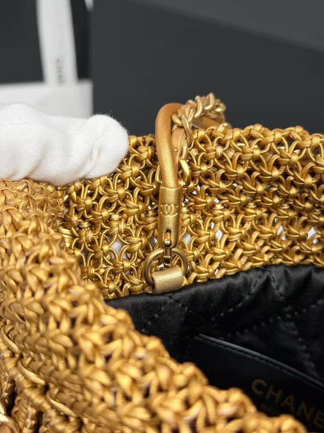CC Mini 22 Bag 23cm Gold Woven Cowhide Bag