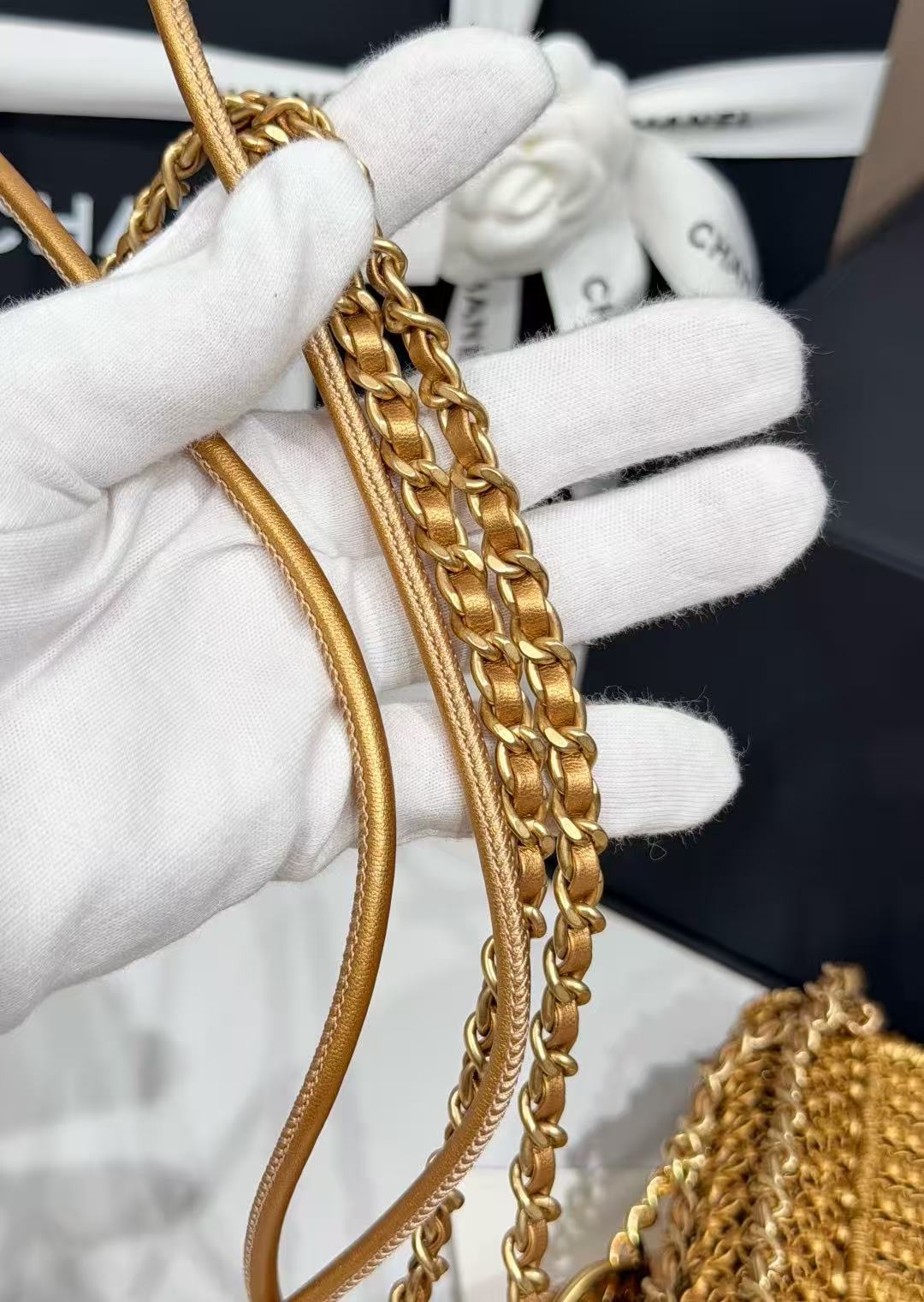 CC Mini 22 Bag 23cm Gold Woven Cowhide Bag