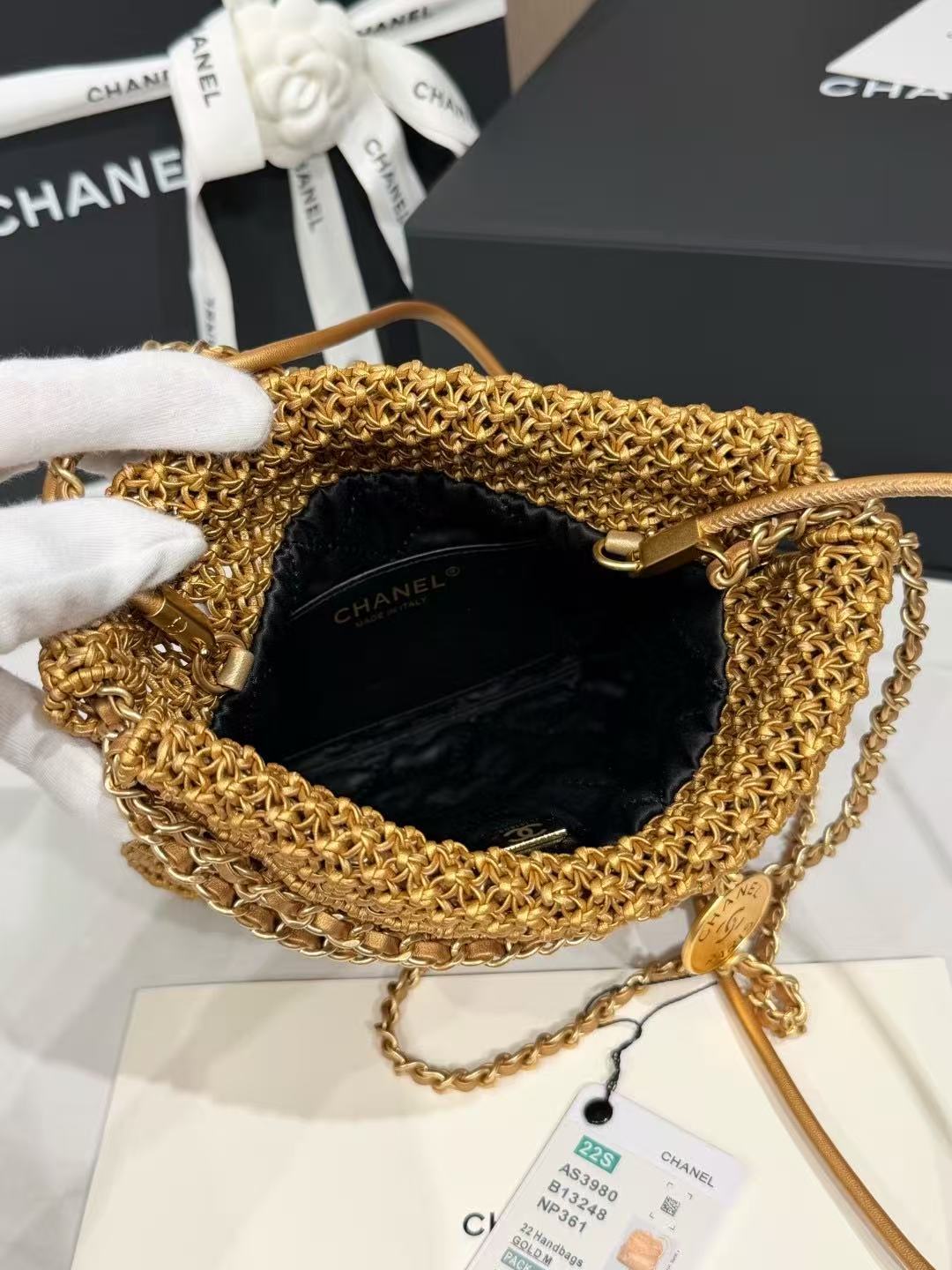CC Mini 22 Bag 23cm Gold Woven Cowhide Bag