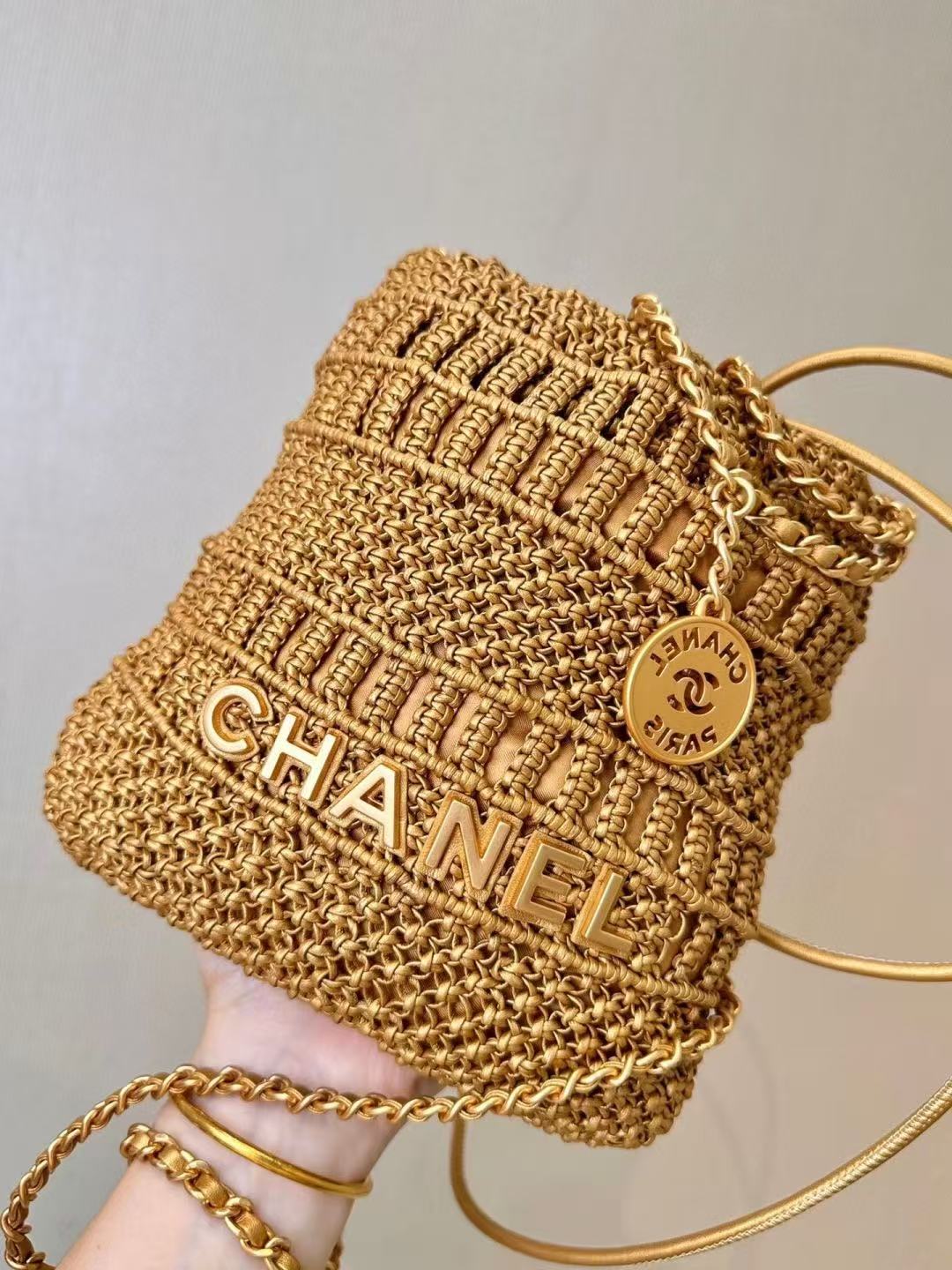 CC Mini 22 Bag 23cm Gold Woven Cowhide Bag