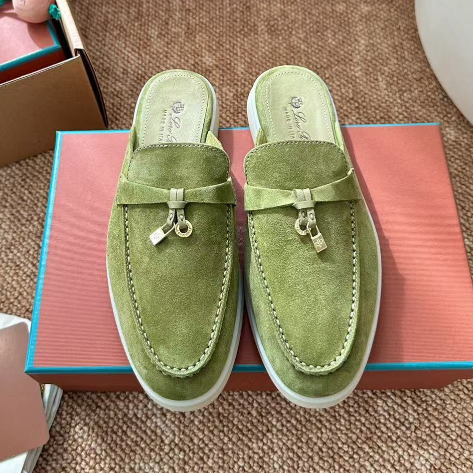 Loro Piana 2026 Charms Walk Flat Mules Olive Green Suede