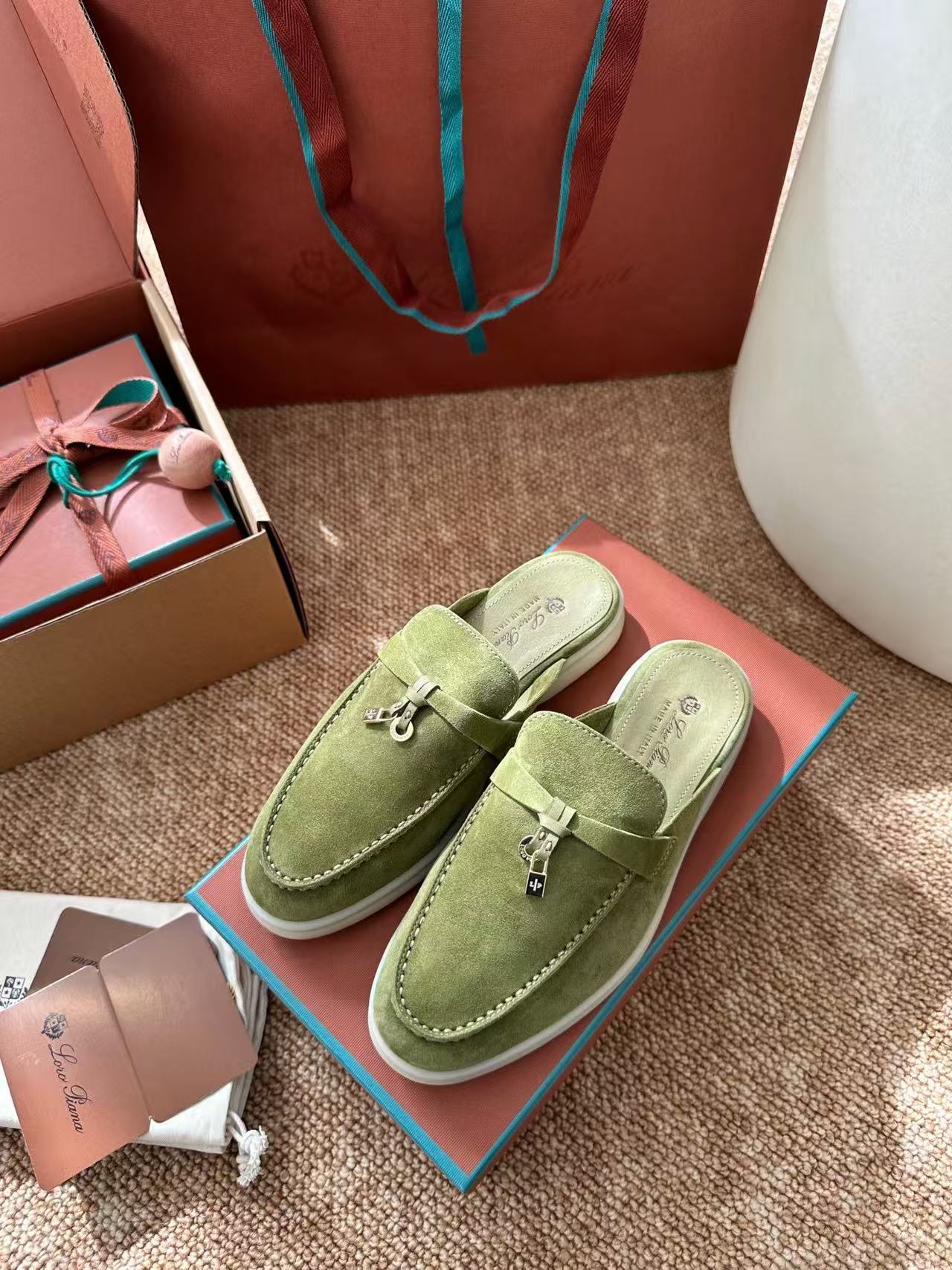 Loro Piana 2026 Charms Walk Flat Mules Olive Green Suede