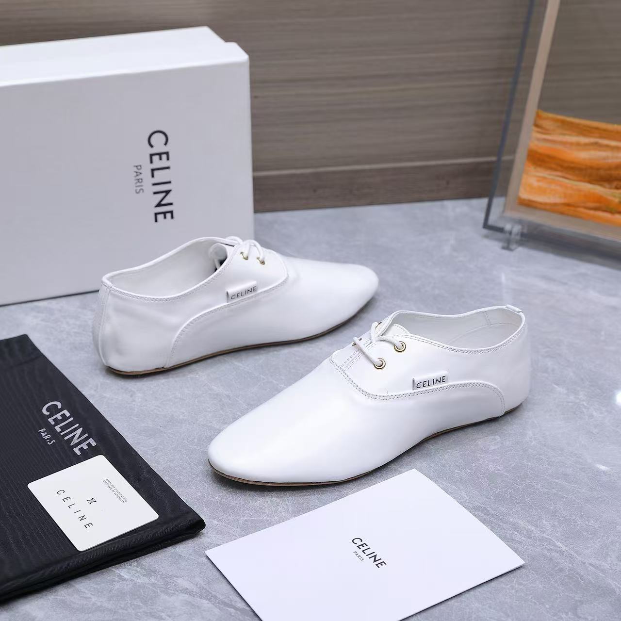 Celine 2026 Ballet Lace-Up Shoe Black and White Lambskin 628591