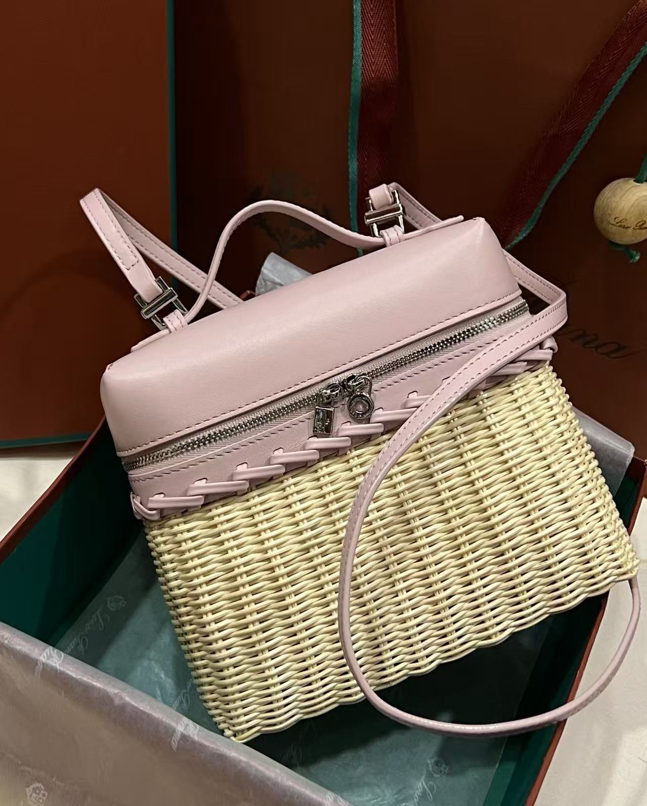 Loro Piana 2026 Extra Pocket L19 Bag Beige Pink Rattan Leather