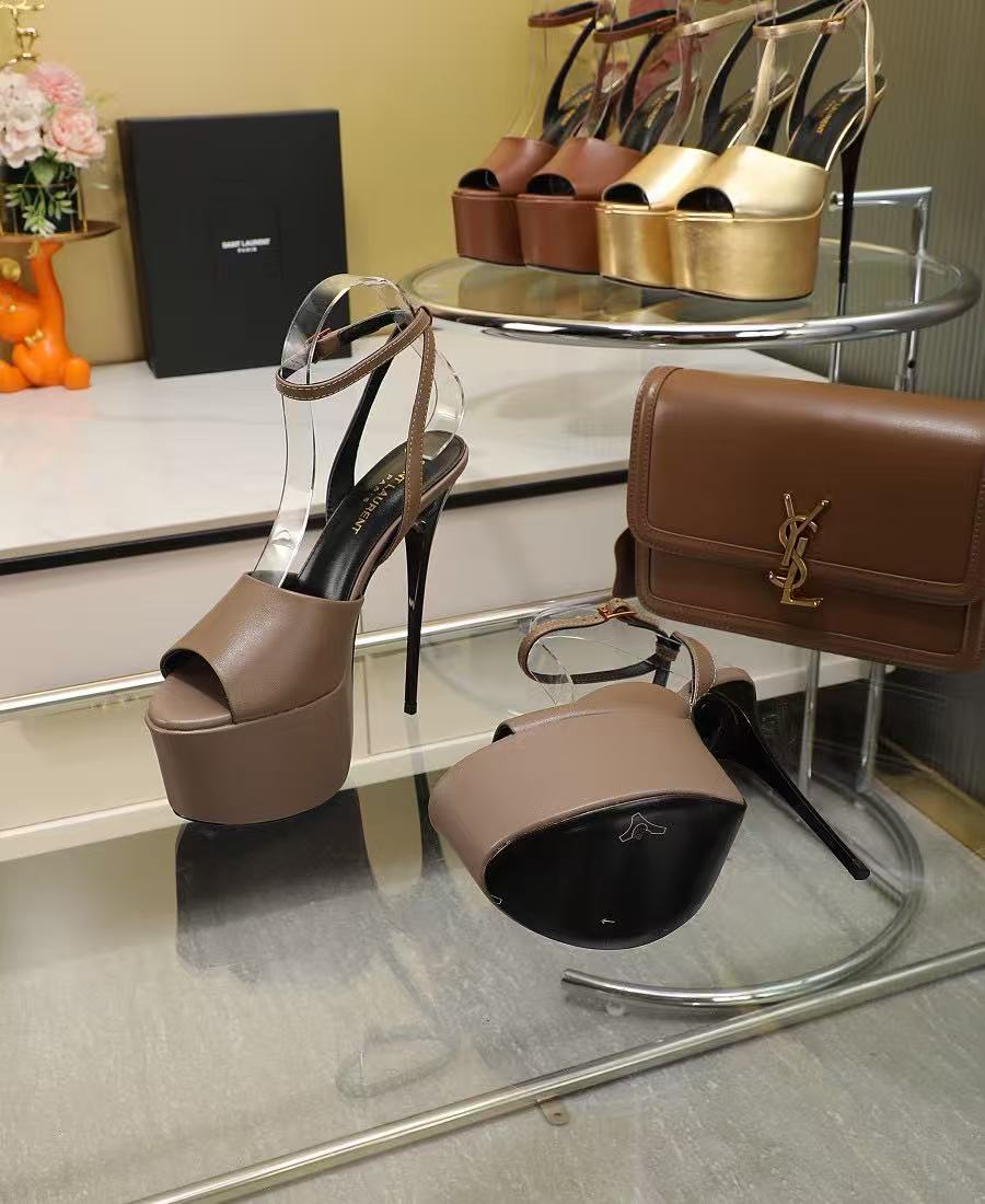 YSL 2026 High-heelded Sandal 150mm Brown Sheepskin