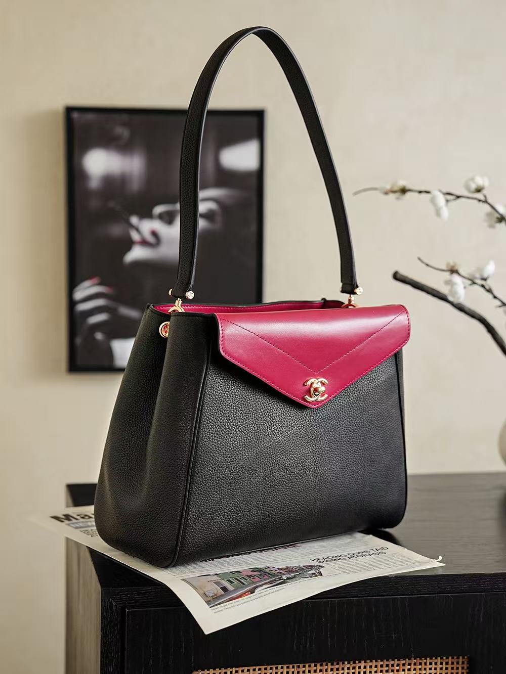 Chanel 2026 Shopping Bag 30cm Black Red lambskin