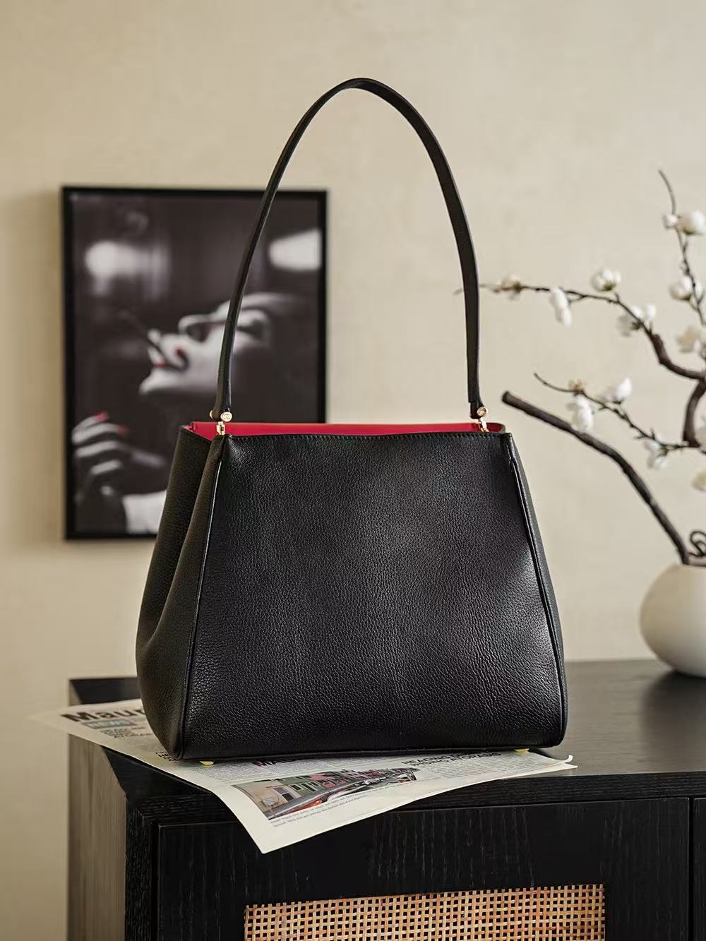 Chanel 2026 Shopping Bag 30cm Black Red lambskin