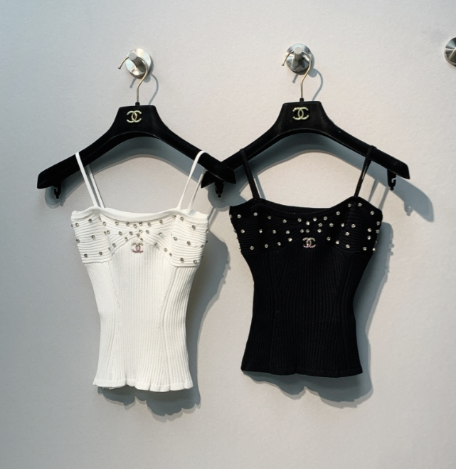 Chanel 2026 Knit Camisole White and Black Polyester Viscose