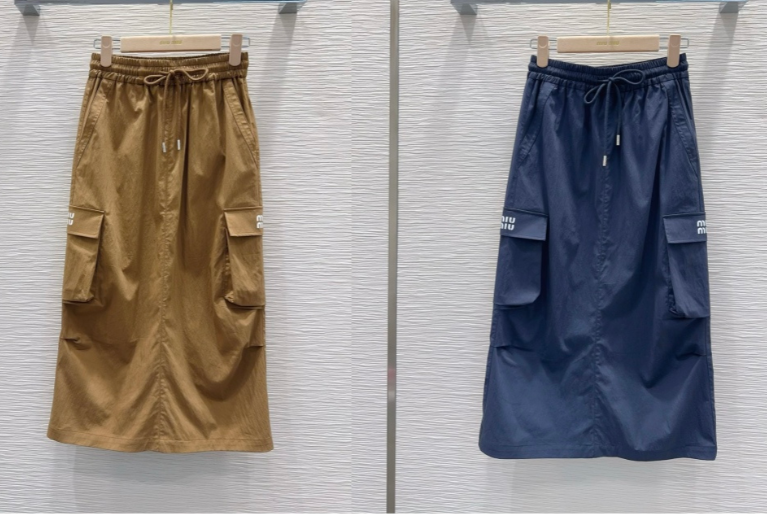 Miu Miu 2026 Long Skirt  Khaki and Navy Blue Cotton Nylon