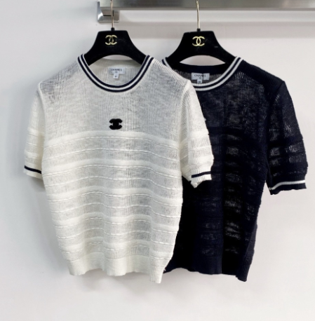 Chanel 2026 Short-sleeved Shirt Navy Blue White Tencel Cotton 166800
