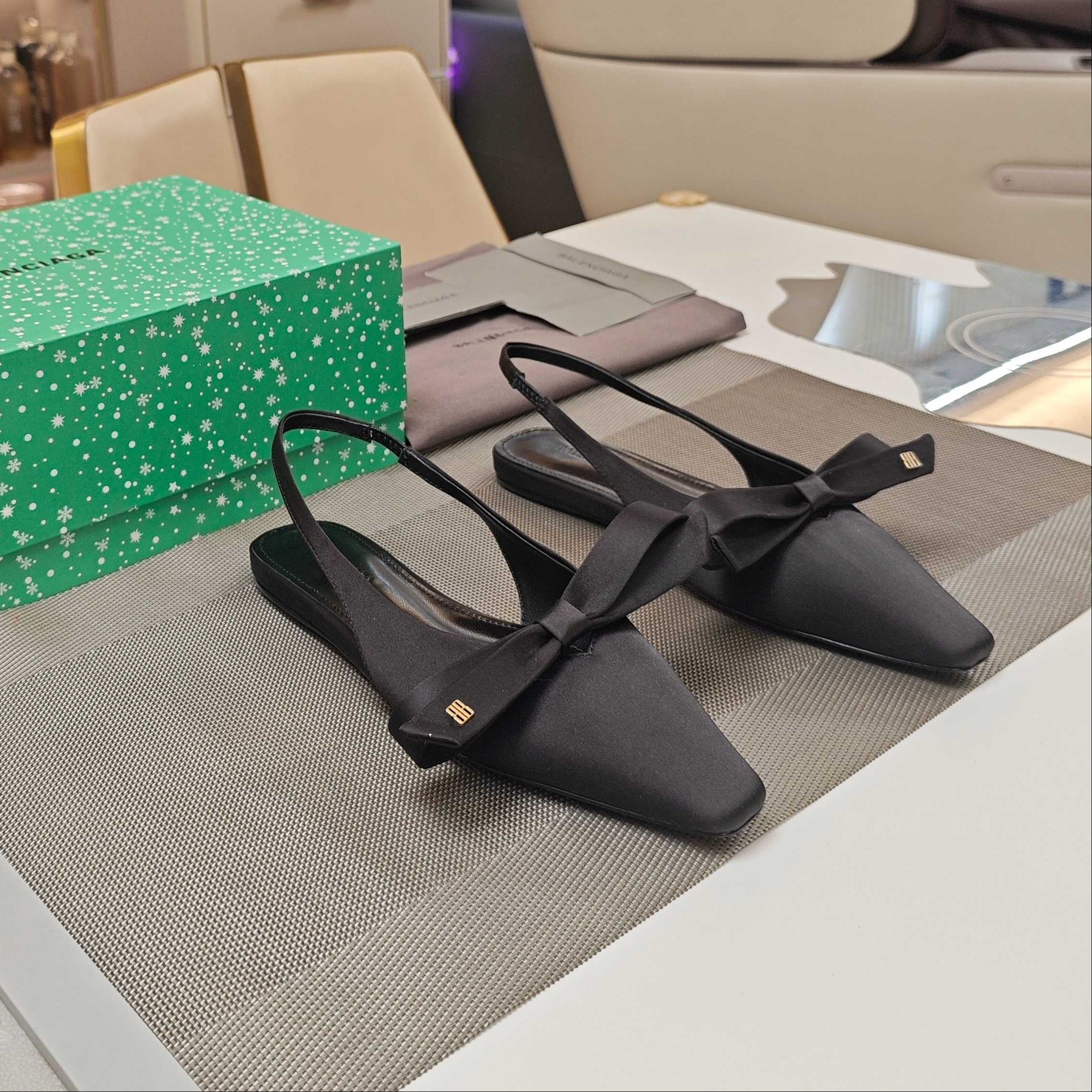 Balenciaga 26s Slingback Flats Satin Leather Ribbon
