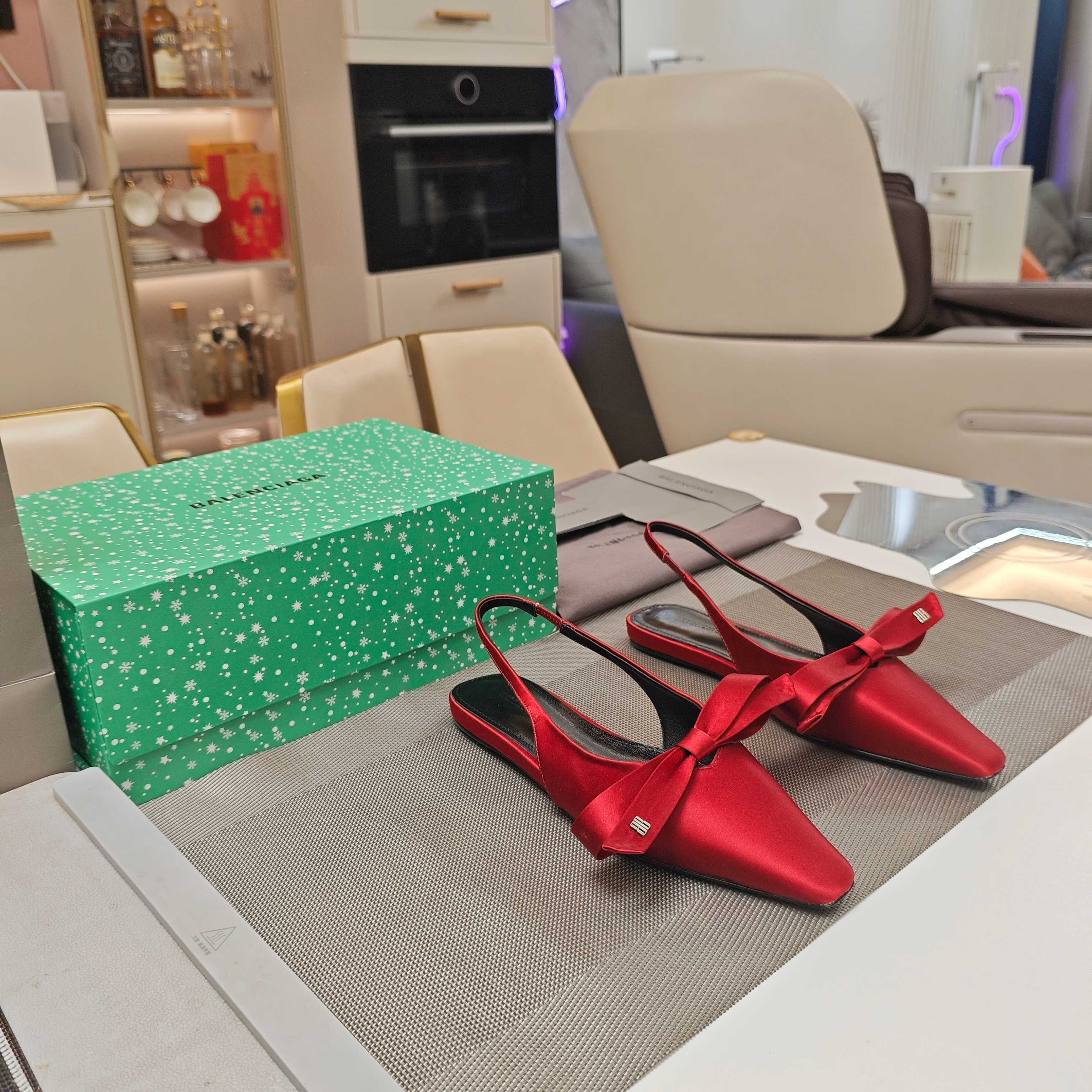 Balenciaga 26s Slingback Flats Satin Leather Ribbon