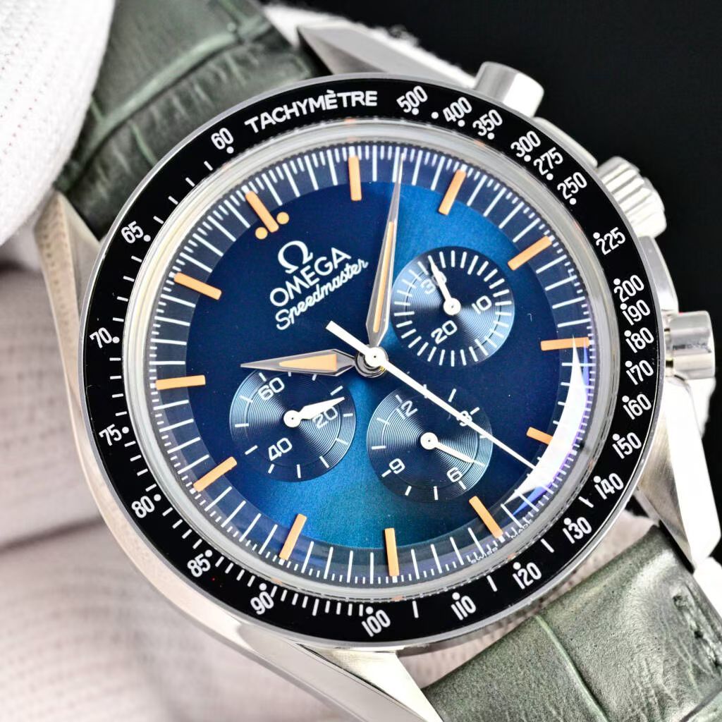Omega Speedmaster Professional Moonwatch 42cm Blue Dial Khaki Leather Strap