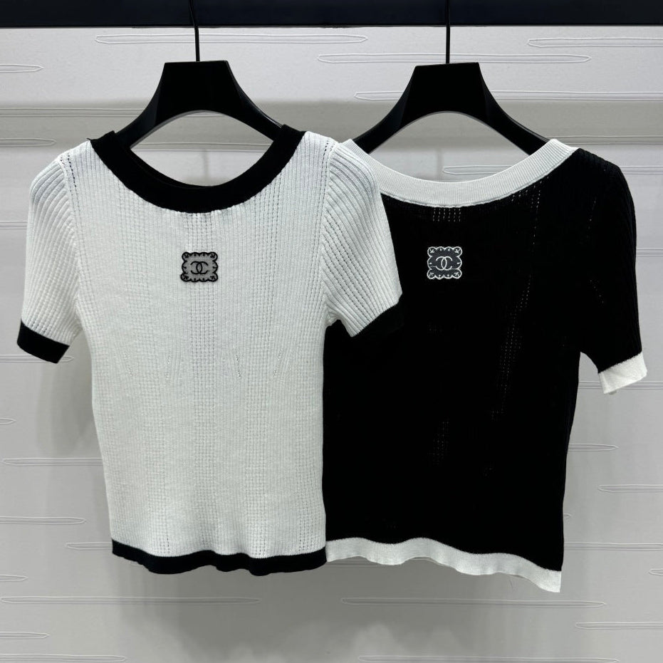 Chanel 2026 Embroidered Logo Knit Short-sleeved Top Wool 373087