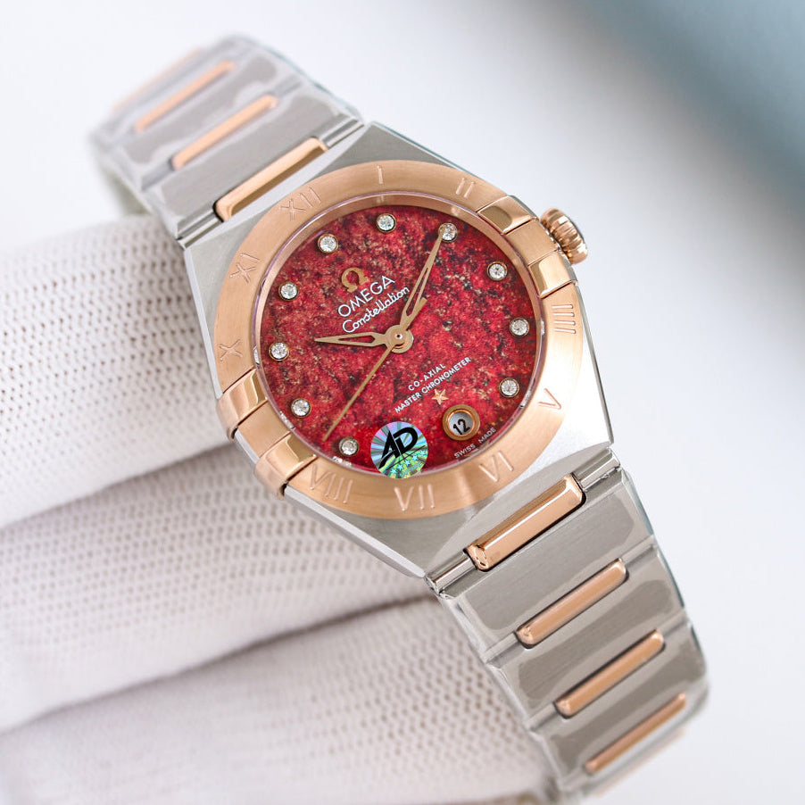 Omega Constellation 29mm Steel Rose Gold Red Dial